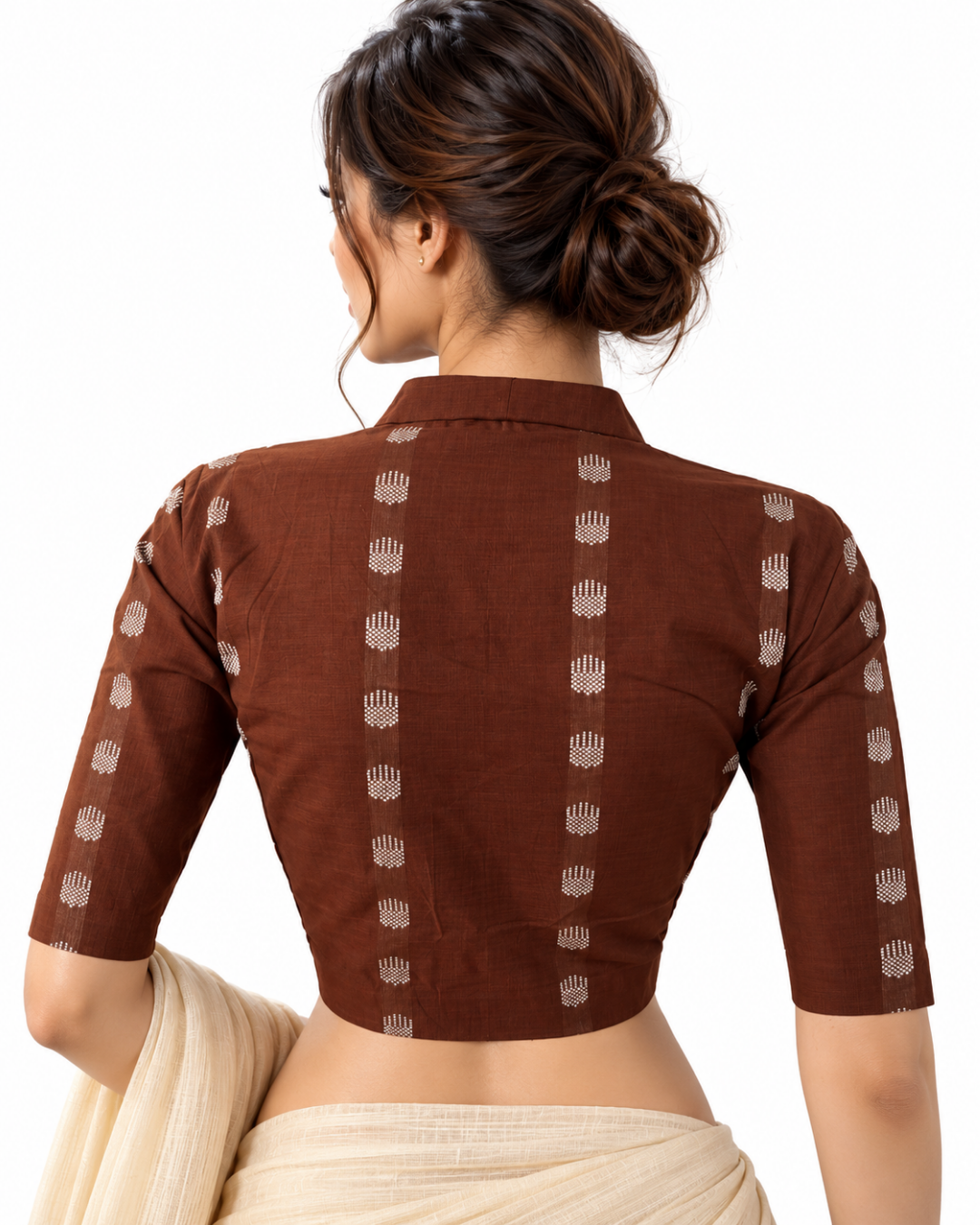 Jacquard Cotton High neck Blouse with lining , Brown, BH1290