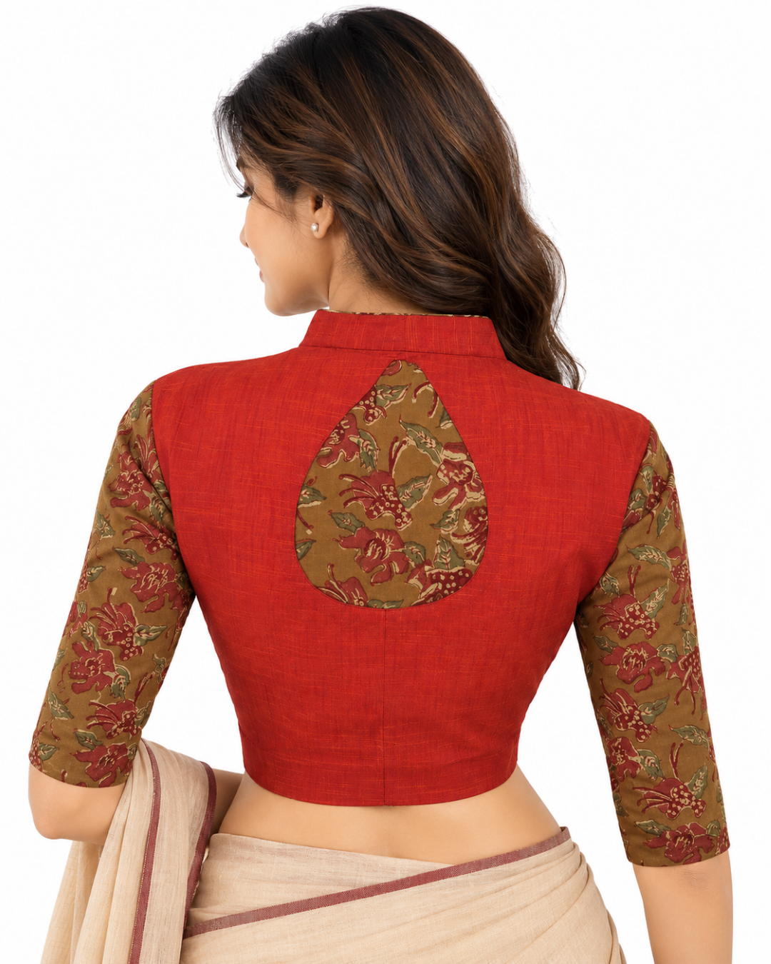 Woven Cotton Highneck Blouse with Kalamkari Sleeves, Peach, BH1182