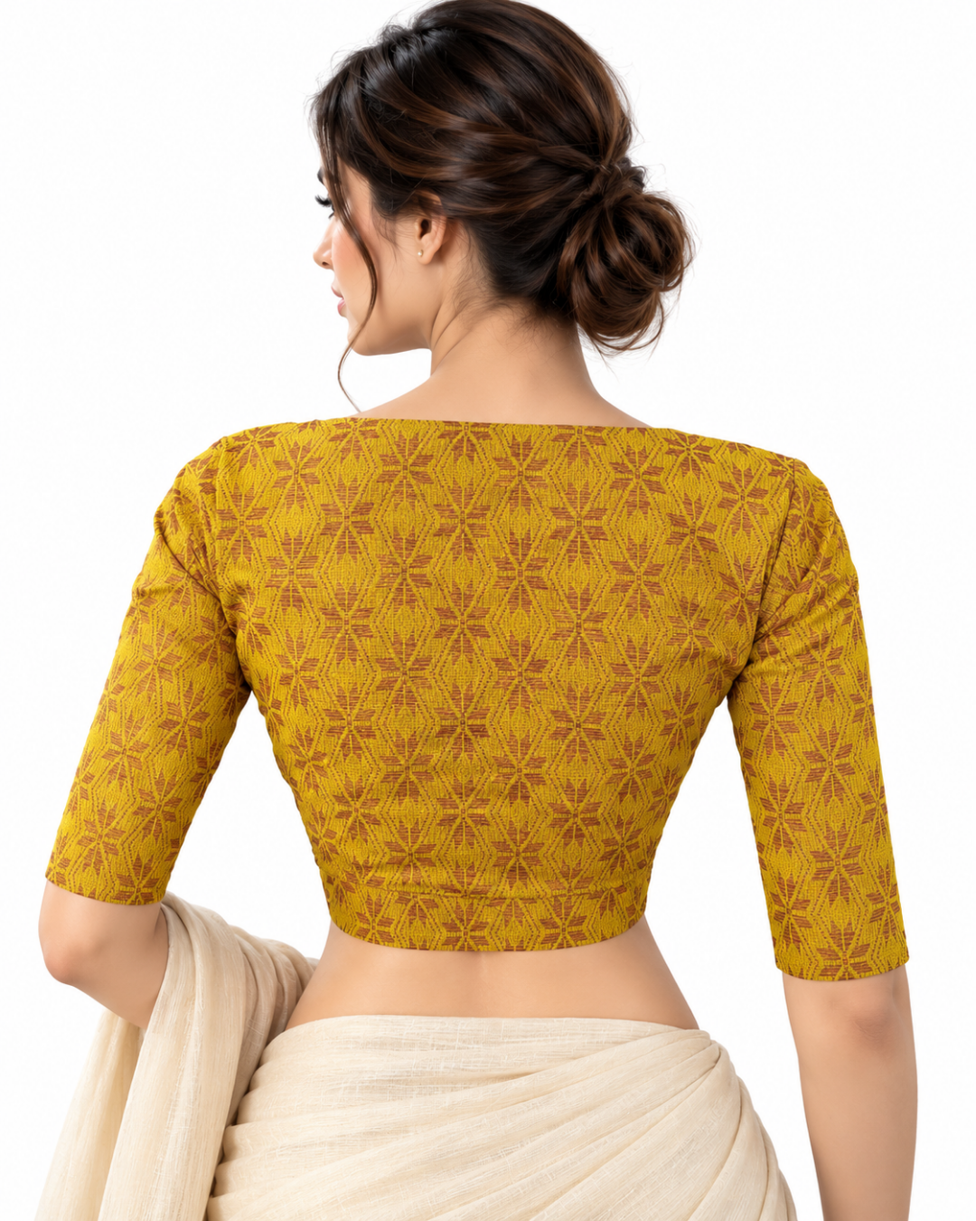 Jacquard Cotton Diamond neck Blouse with Lining, Yellow, BH1262