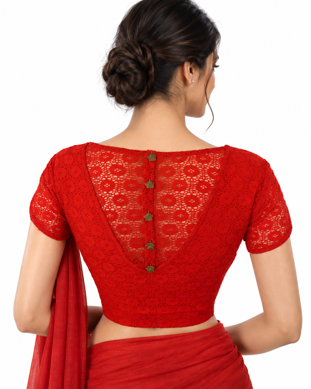Cotton Net V Neck Blouse with Tulip Sleeves, Metal Embellishments & Lining , Red , BW1182