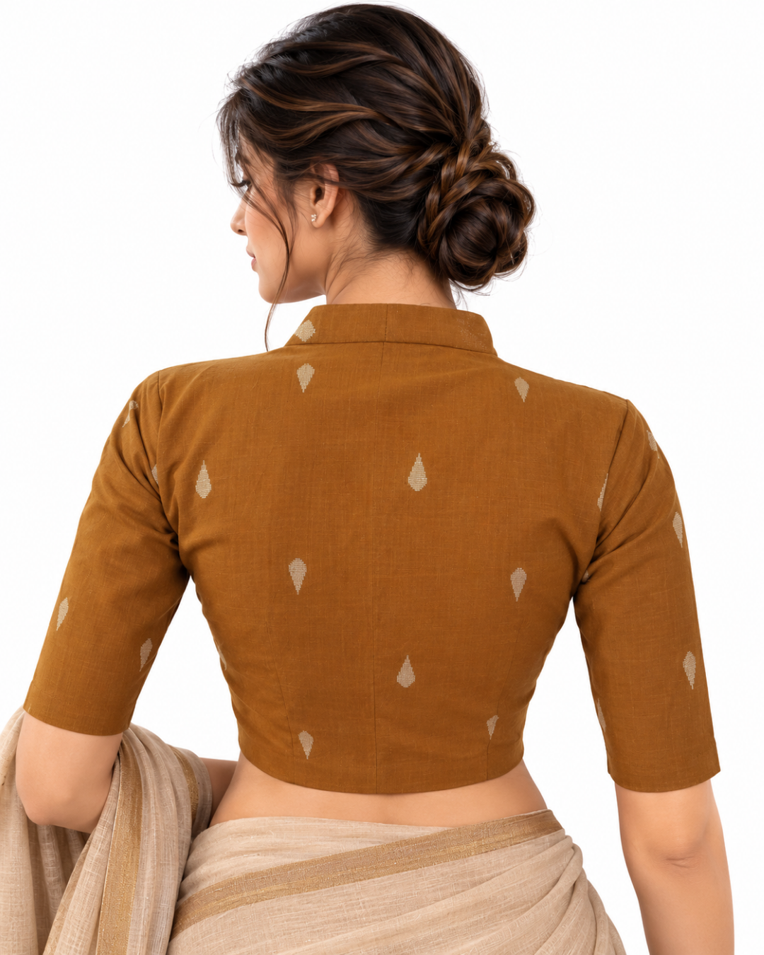 Handloom Jacquard Highneck Blouse with Lining, Mustard - Brown, BH1228