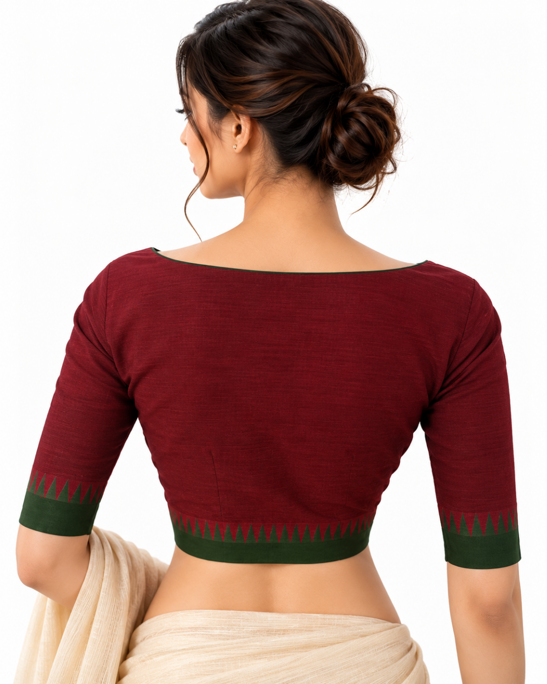 Handloom Mangalgiri Cotton V Neck Blouse with Lining,Maroon , BH1330