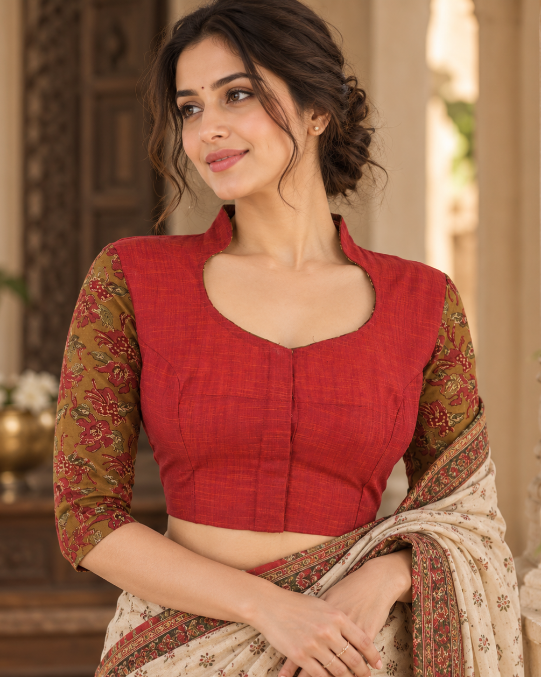 Woven Cotton Highneck Blouse with Kalamkari Sleeves, Peach, BH1182