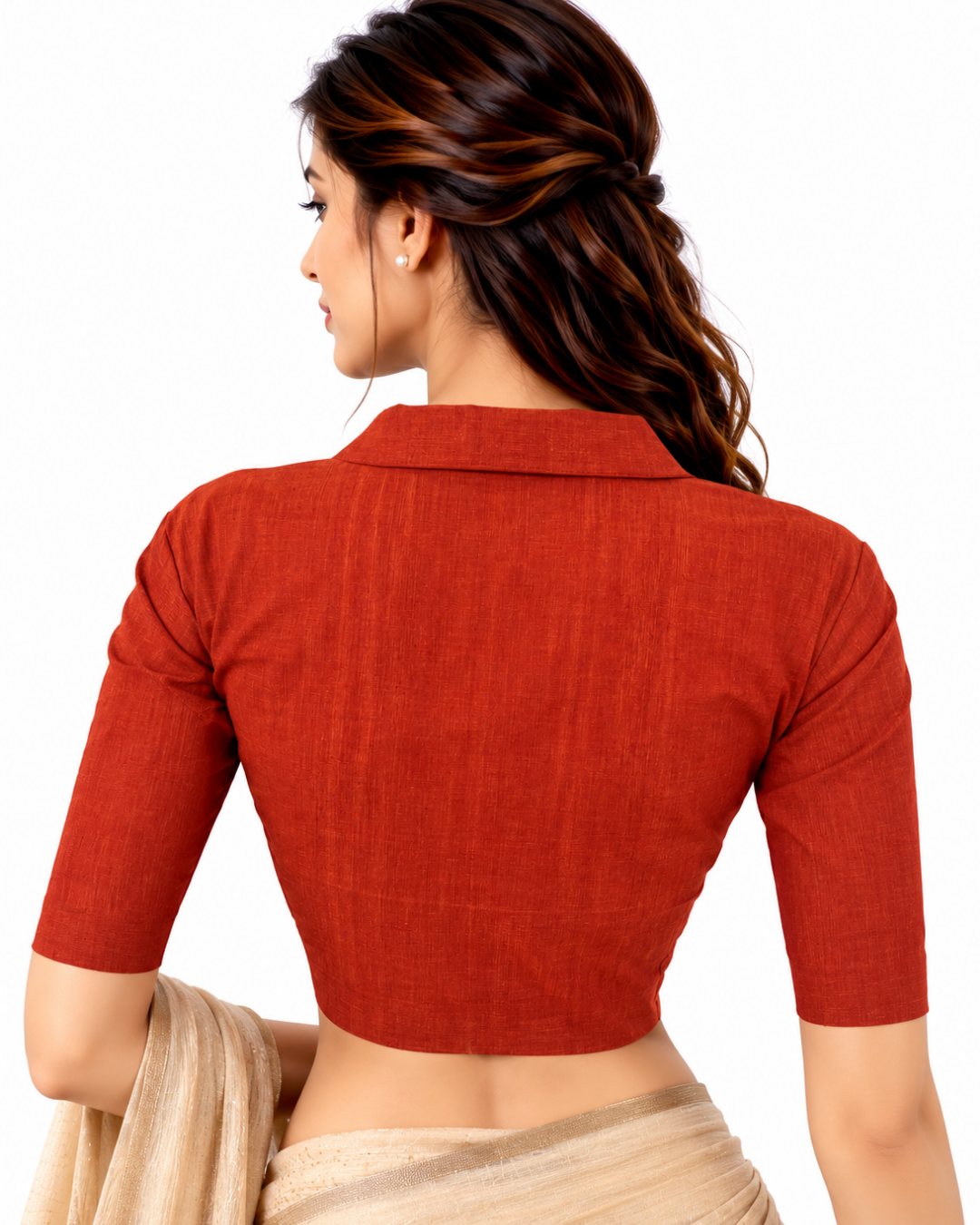 Woven Textured Cotton High Neck Blouse with Lining, Rust - Orange , BH1333