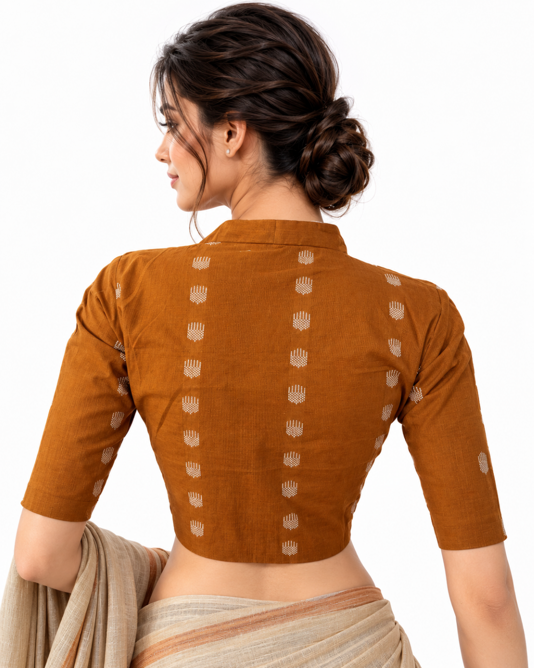 Jacquard Cotton High neck Blouse with lining , Mustard , BH1288