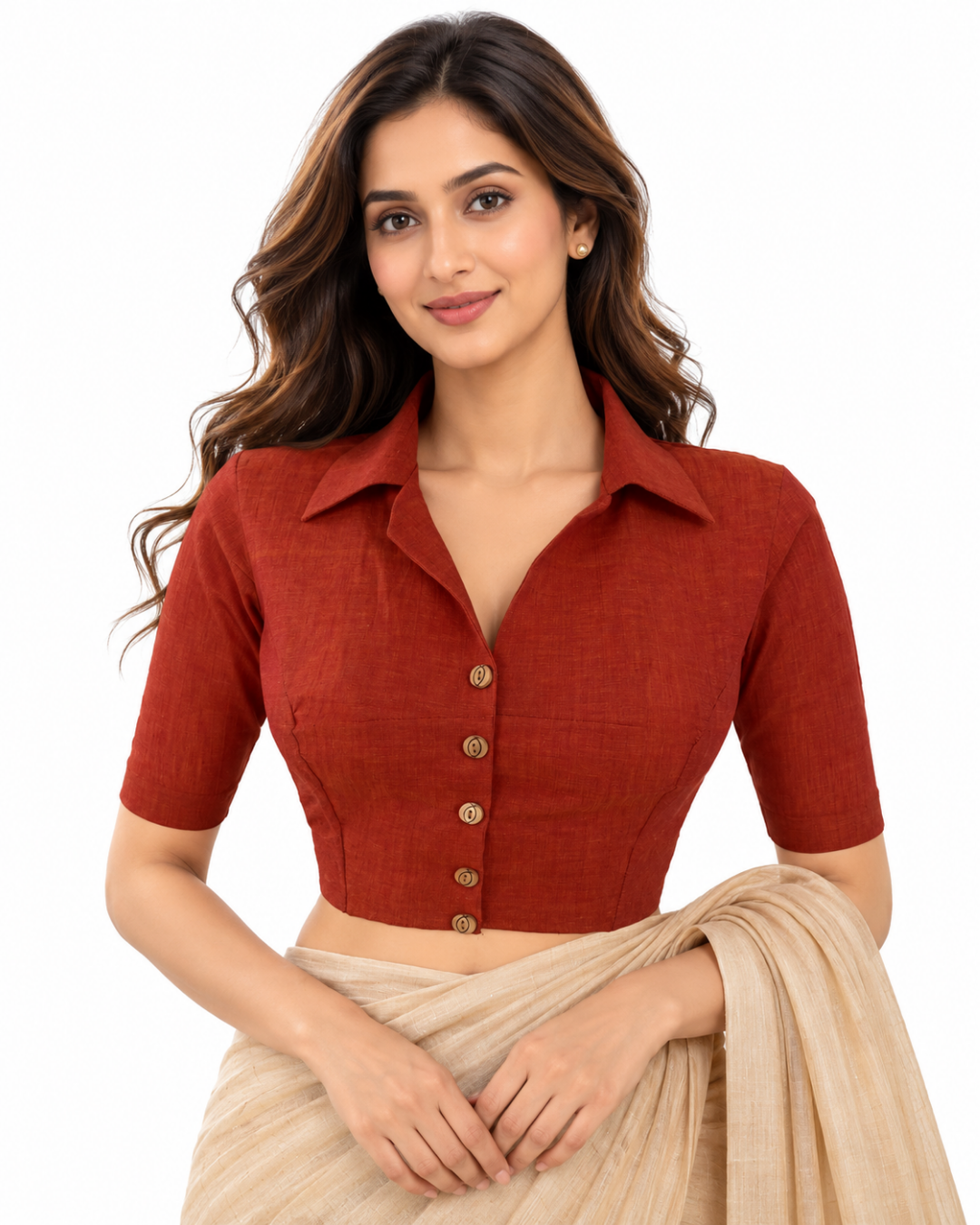 South Cotton Shirt Collar Blouse With Wooden Button Details , Peach, BH1335
