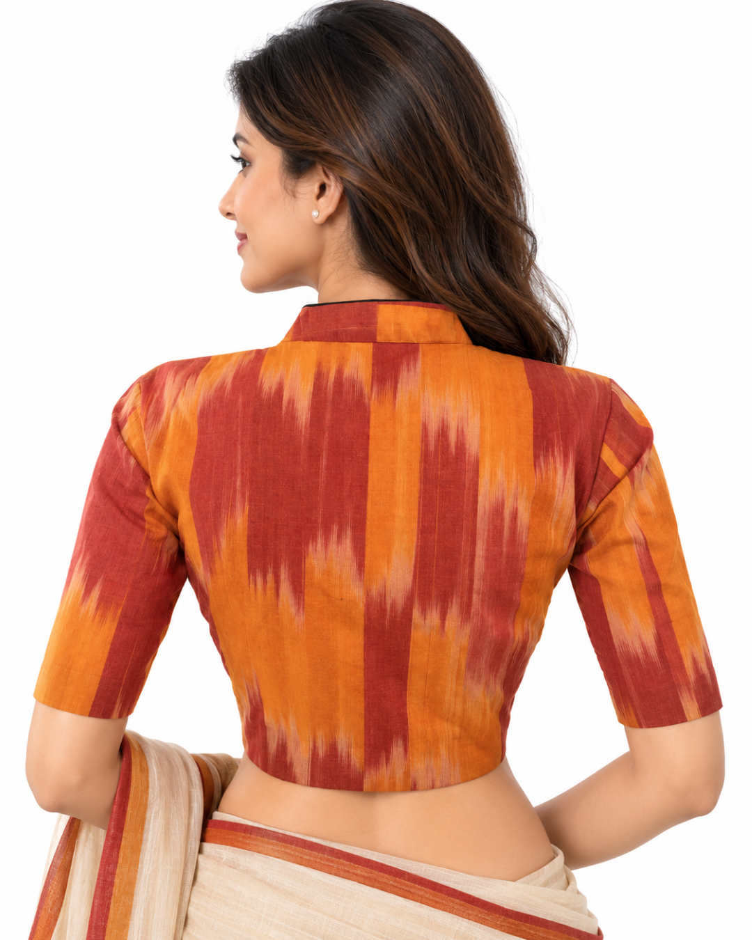Handloom Tie - dye Cotton Highneck Blouse, Yellow - Rust, BH1085