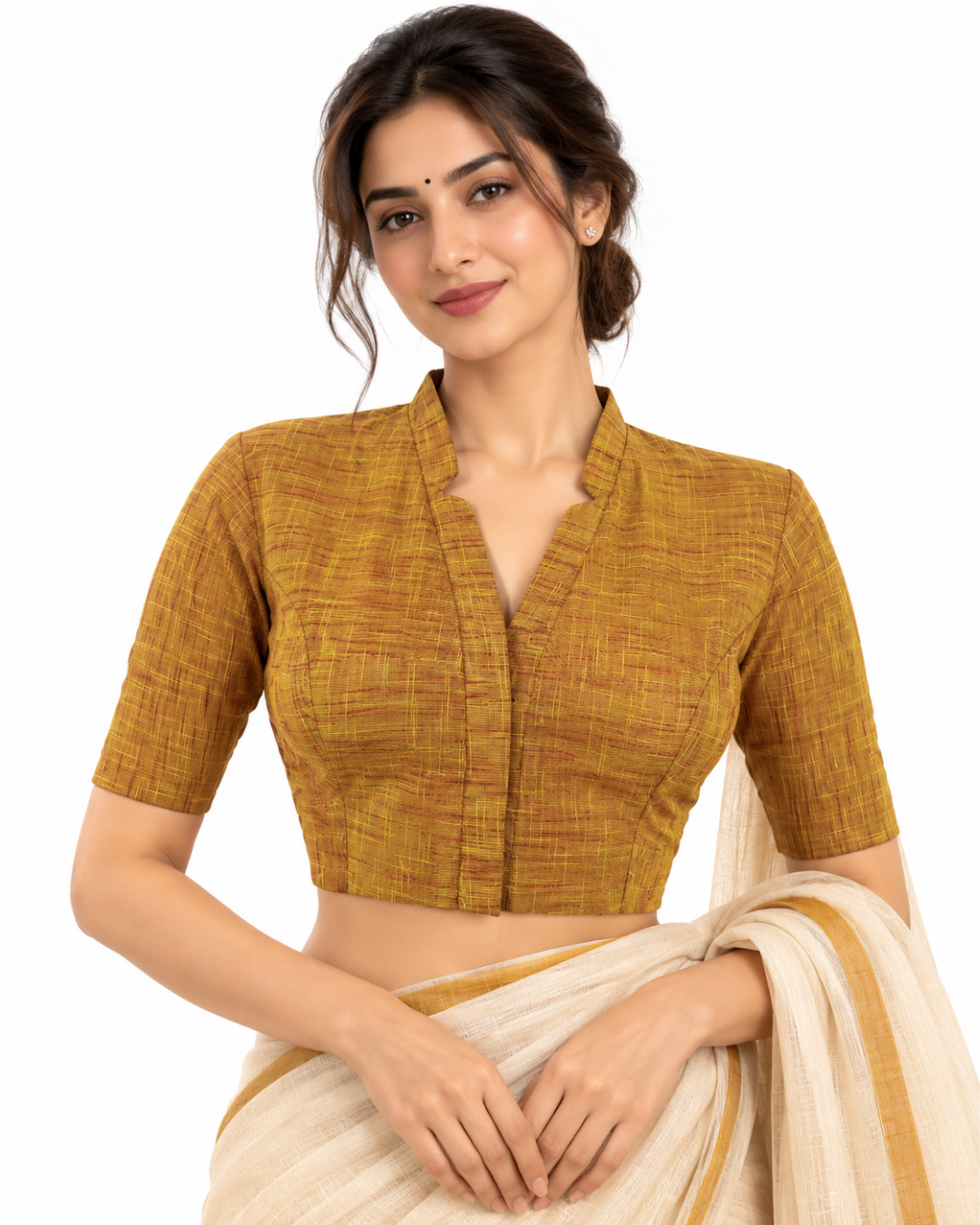 Slub Cotton V Collar Blouse ,Yellow , BH1313