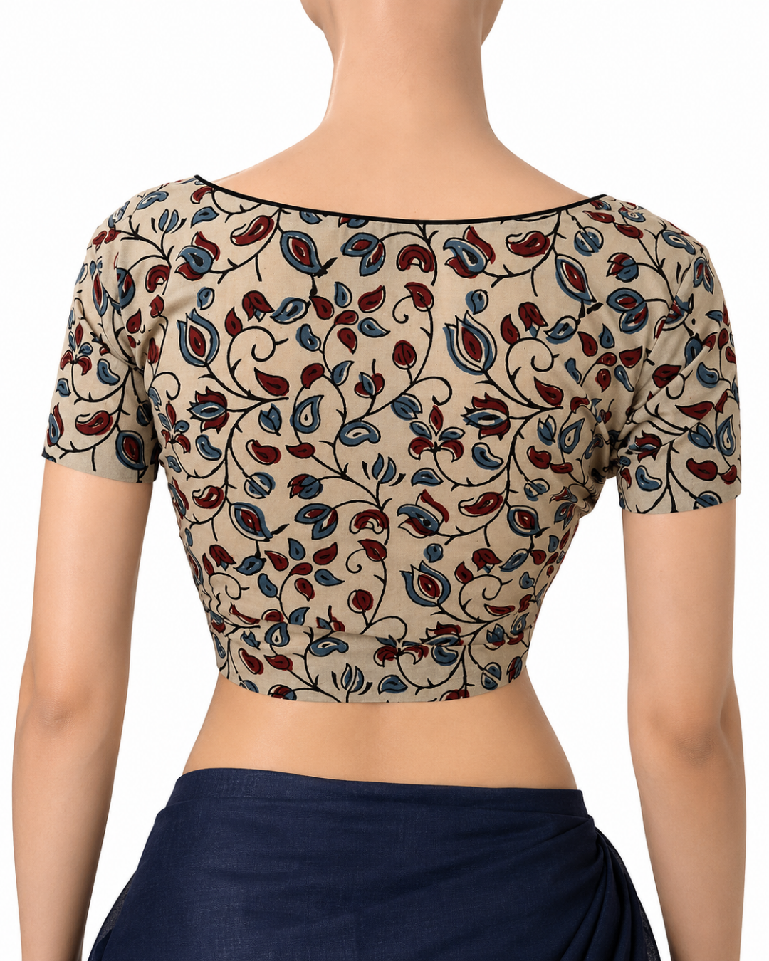 Ajrakh Cotton V Neck Blouse with Short Sleeves , Ivory ,BA1172