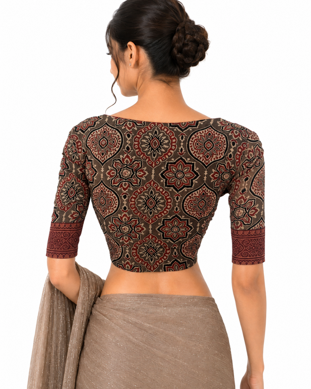 Ajrakh Cotton Sweetheart Neck Blouse , Brown , BA1184