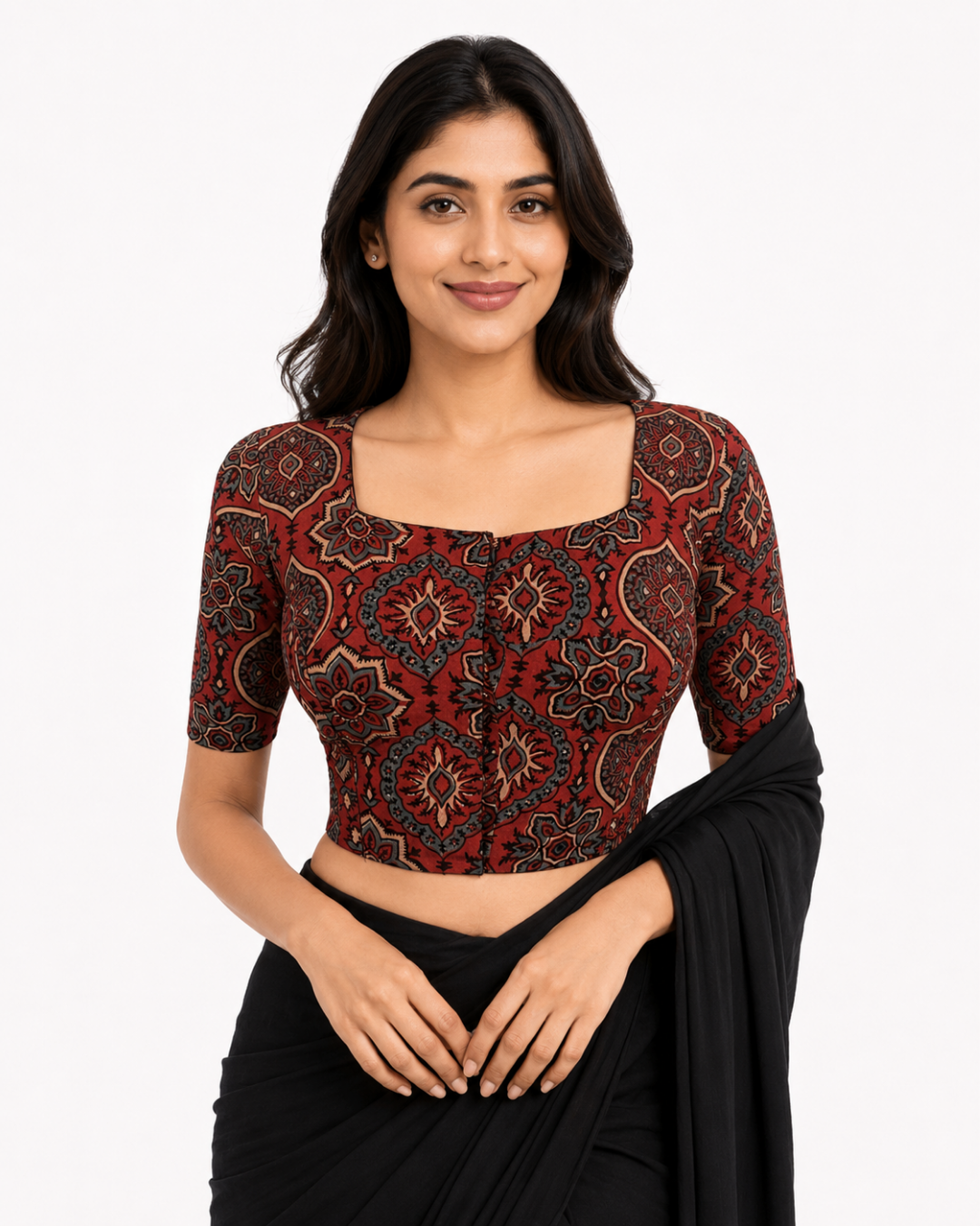 Ajrakh Cotton Square neck Blouse, Rust , BA1168