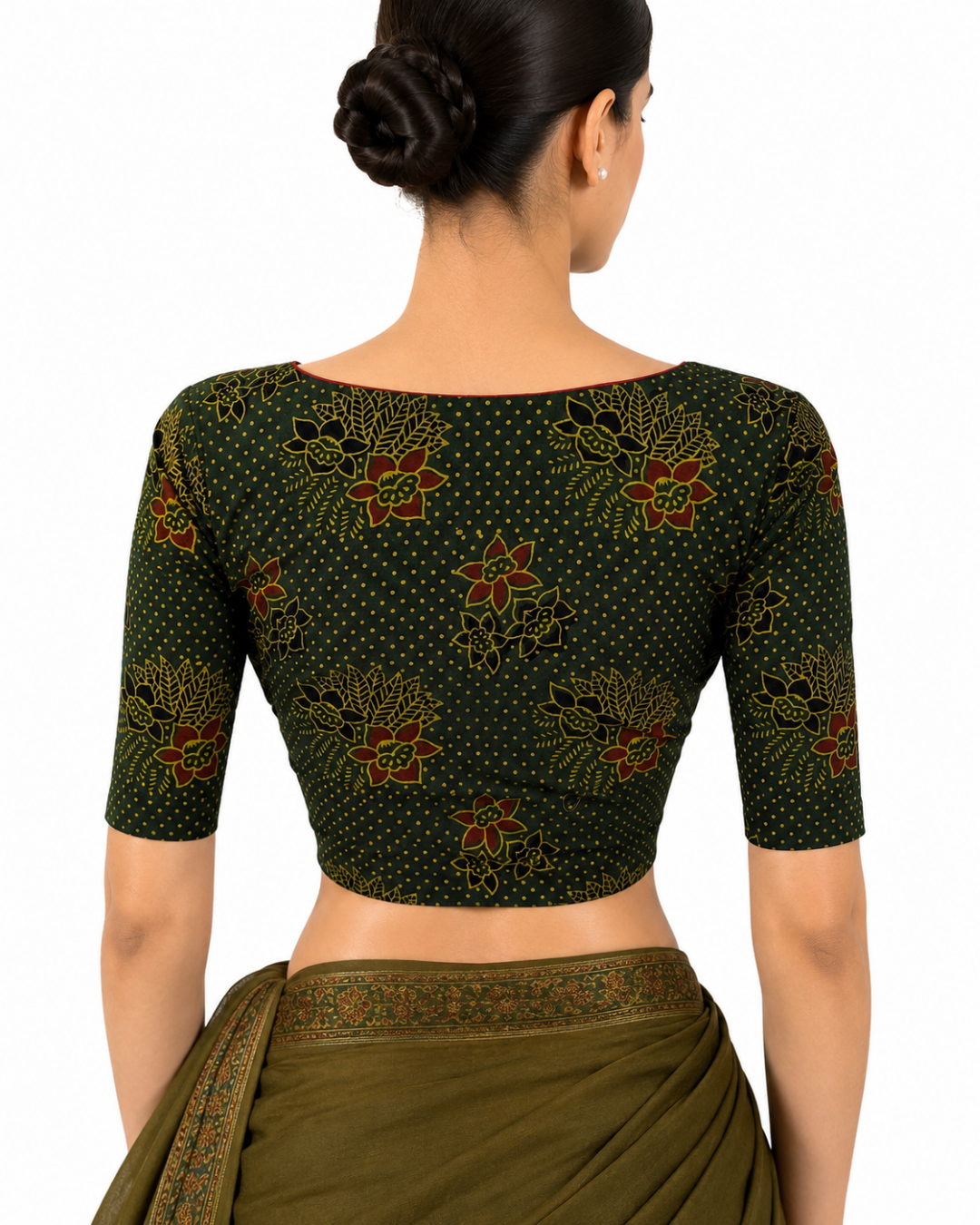 Ajrakh Cotton V neck Blouse, Bottle Green, BA1140