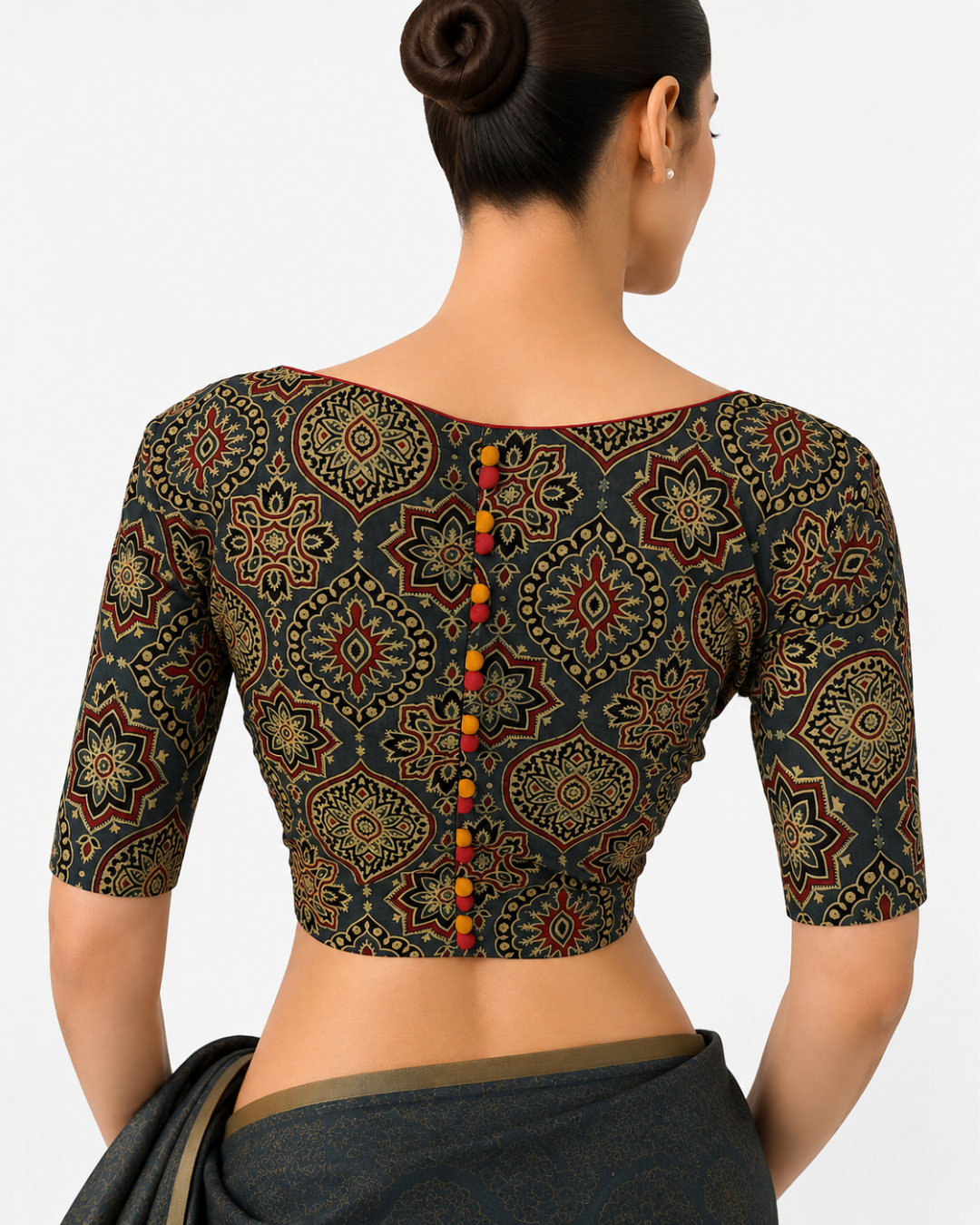 Ajrakh Cotton Sweetheart Neck Blouse with Short Sleeves & Potli Button Details , Green , BA1171