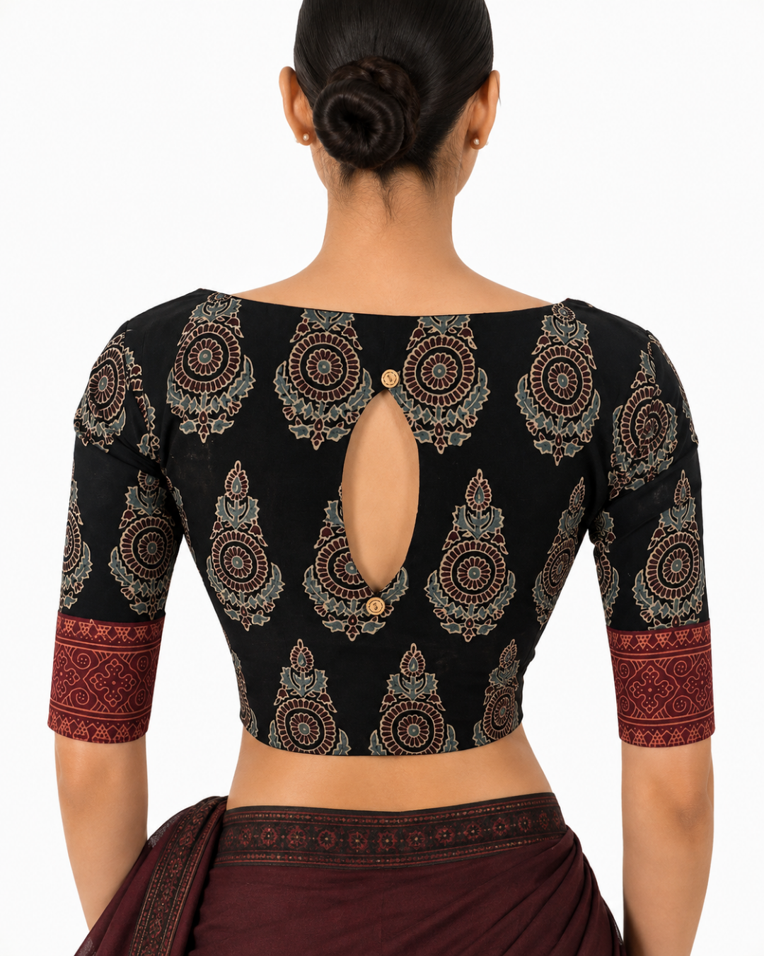 Ajrakh Cotton Boat Neck Blouse With Keyhole Back, Black , BA1182