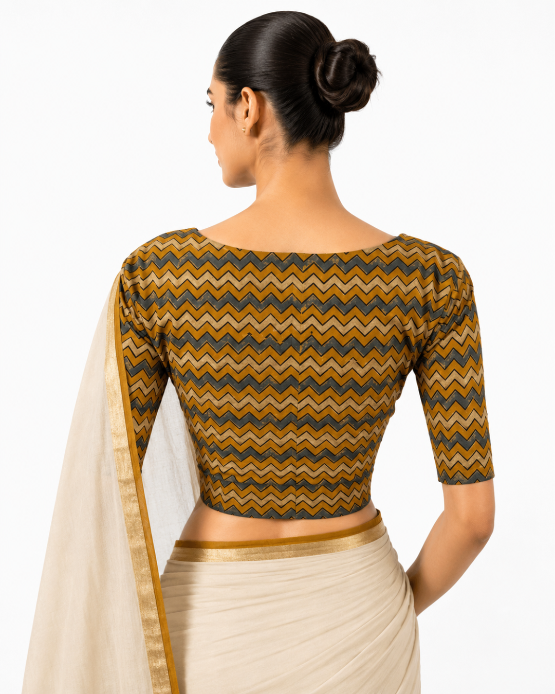 Dhabu Cotton Closeneck Croptop Blouse, Yellow – Green, BP1107