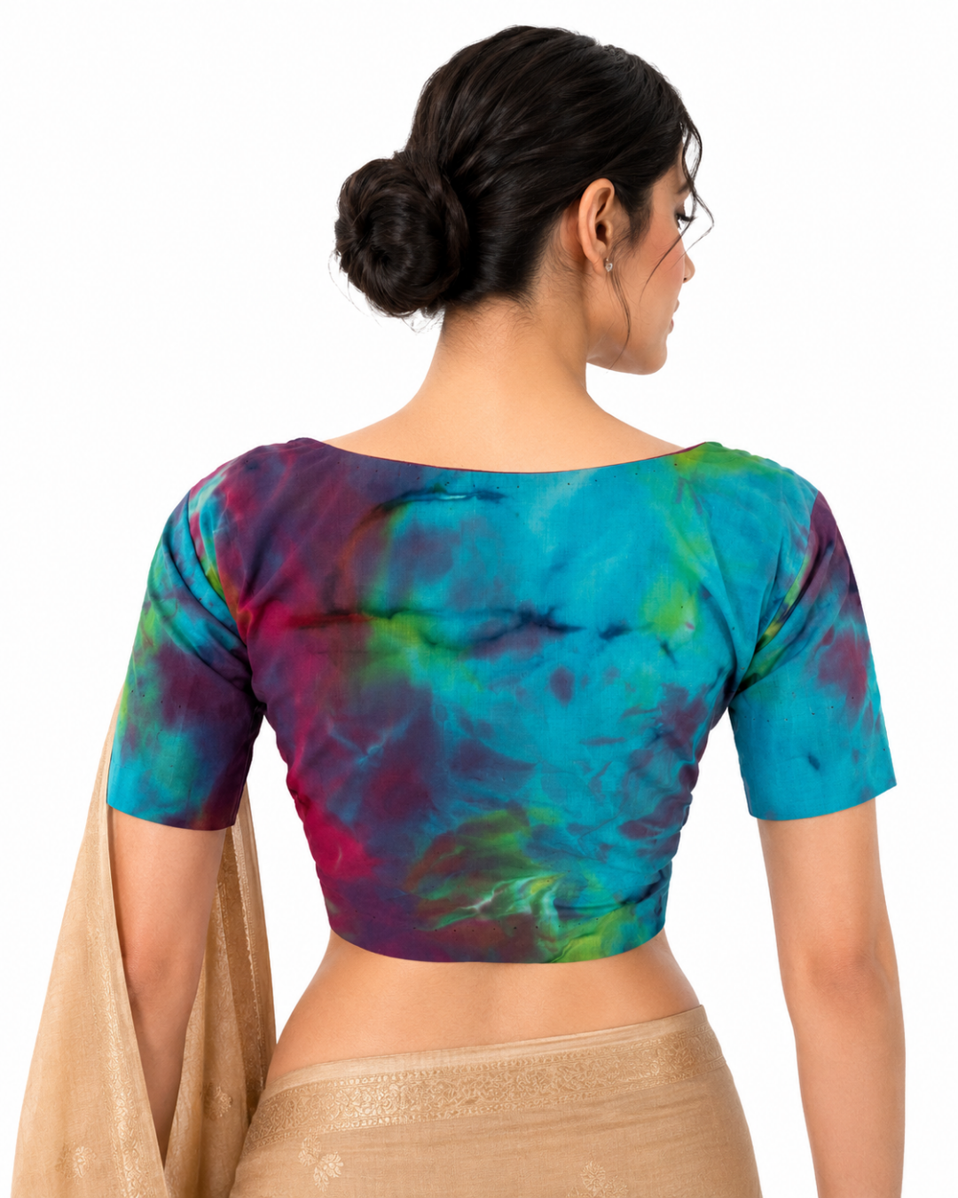 Shibori Cotton V Neck Blouse with Short Sleeves, Multicolor, BP1125
