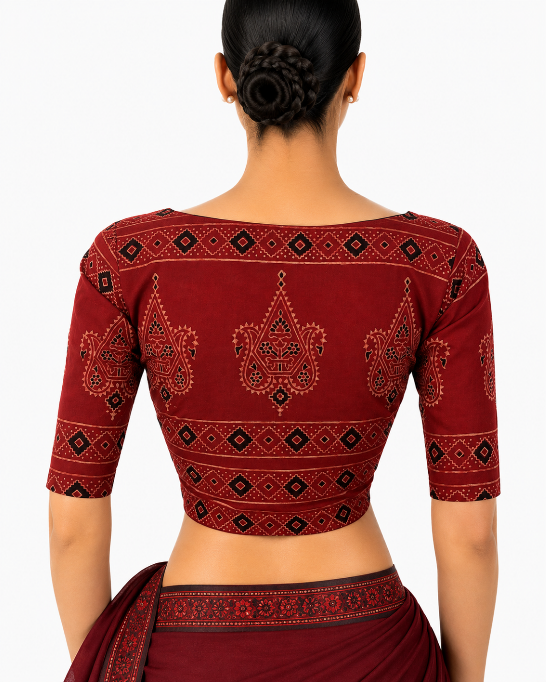 Ajrakh Cotton Boat Neck Blouse ,Maroon , BA1188