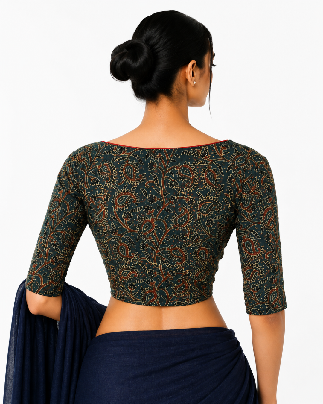 Ajrakh Cotton V neck Blouse with 3/4 Sleeves, Green , BA1161