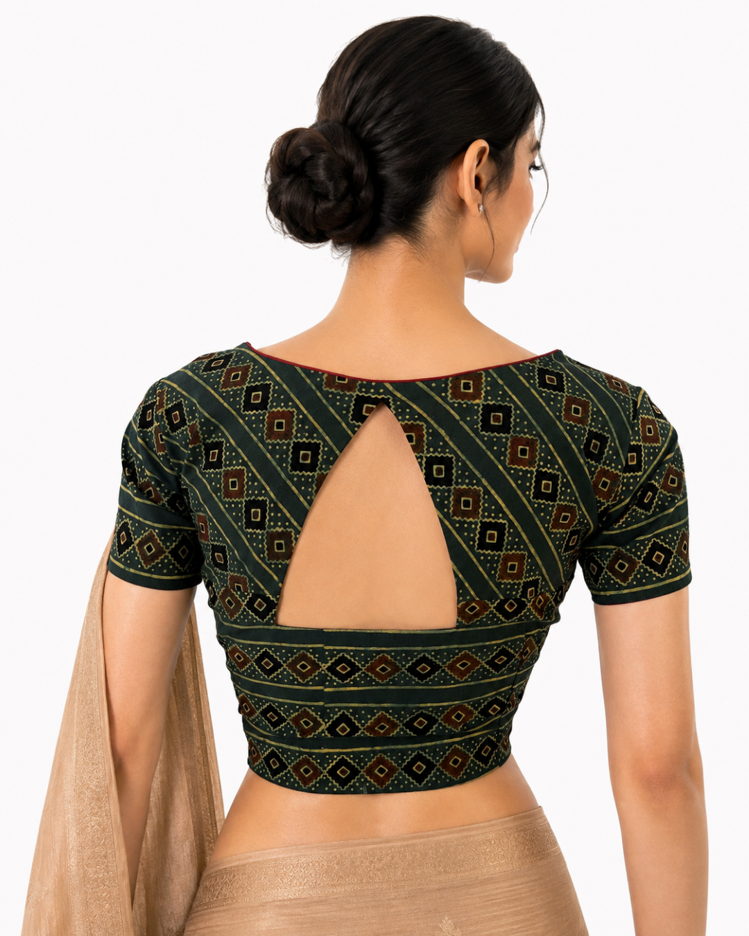 Ajrakh Cotton Sweetheart neck Blouse, Bottle Green, BA1102