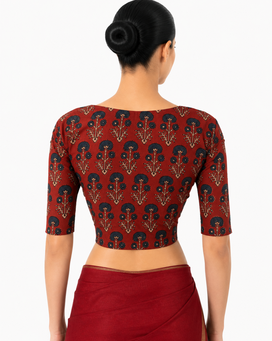 Ajrakh Cotton Sweetheart Neck Blouse , Rust-Maroon , BA1180