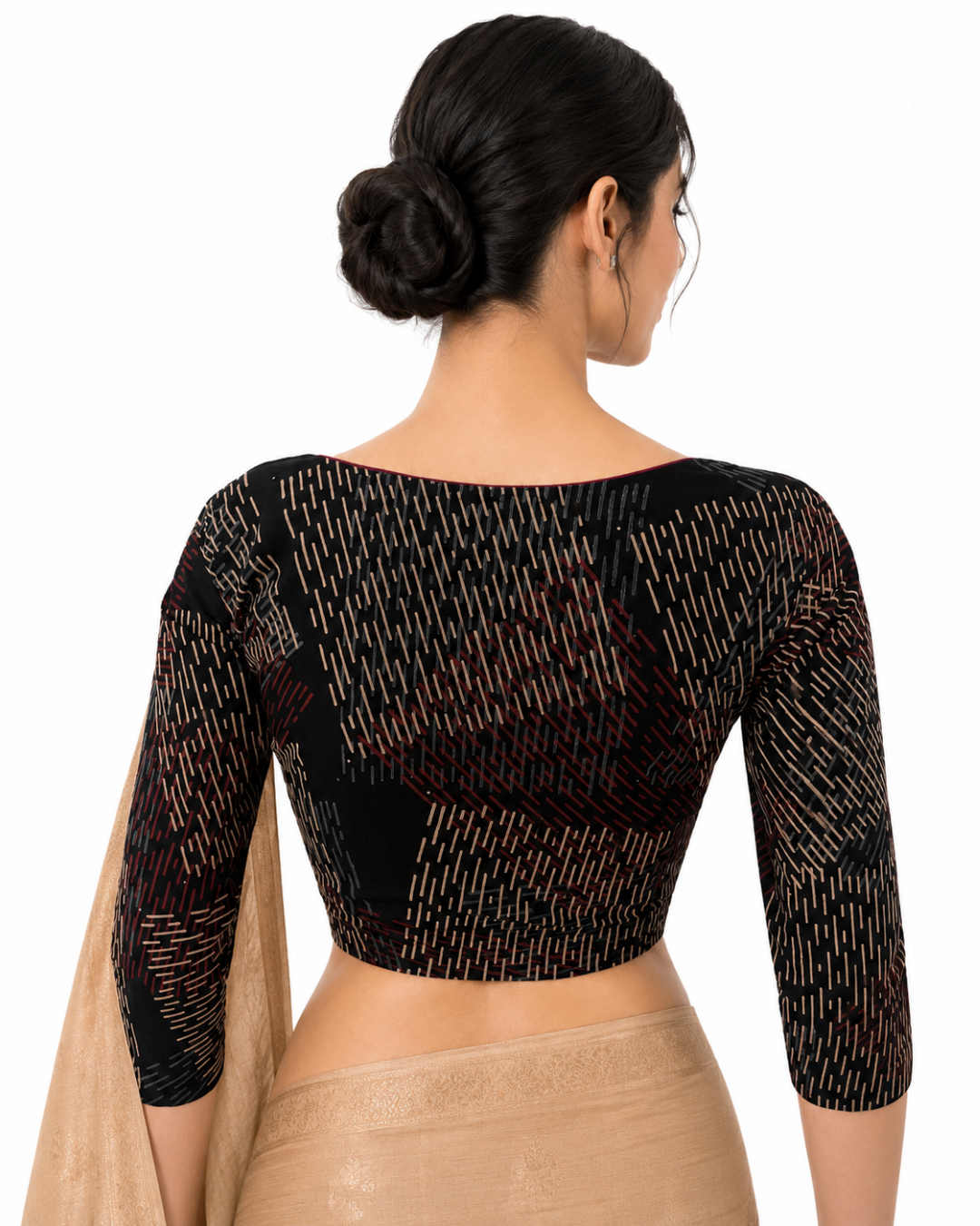 Ajrakh Cotton Sweetheart Neck Blouse With 3/4 Sleeves, Black , BA1183