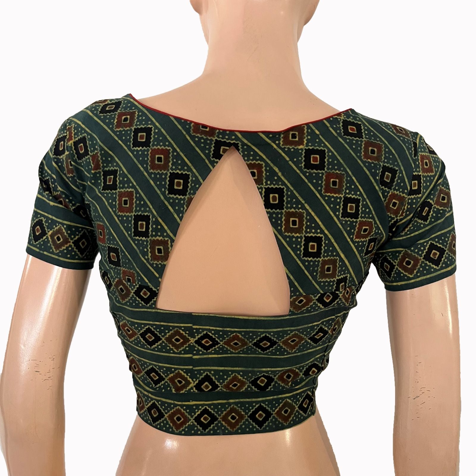 Ajrakh Cotton Sweetheart neck Blouse, Bottle Green, BA1102