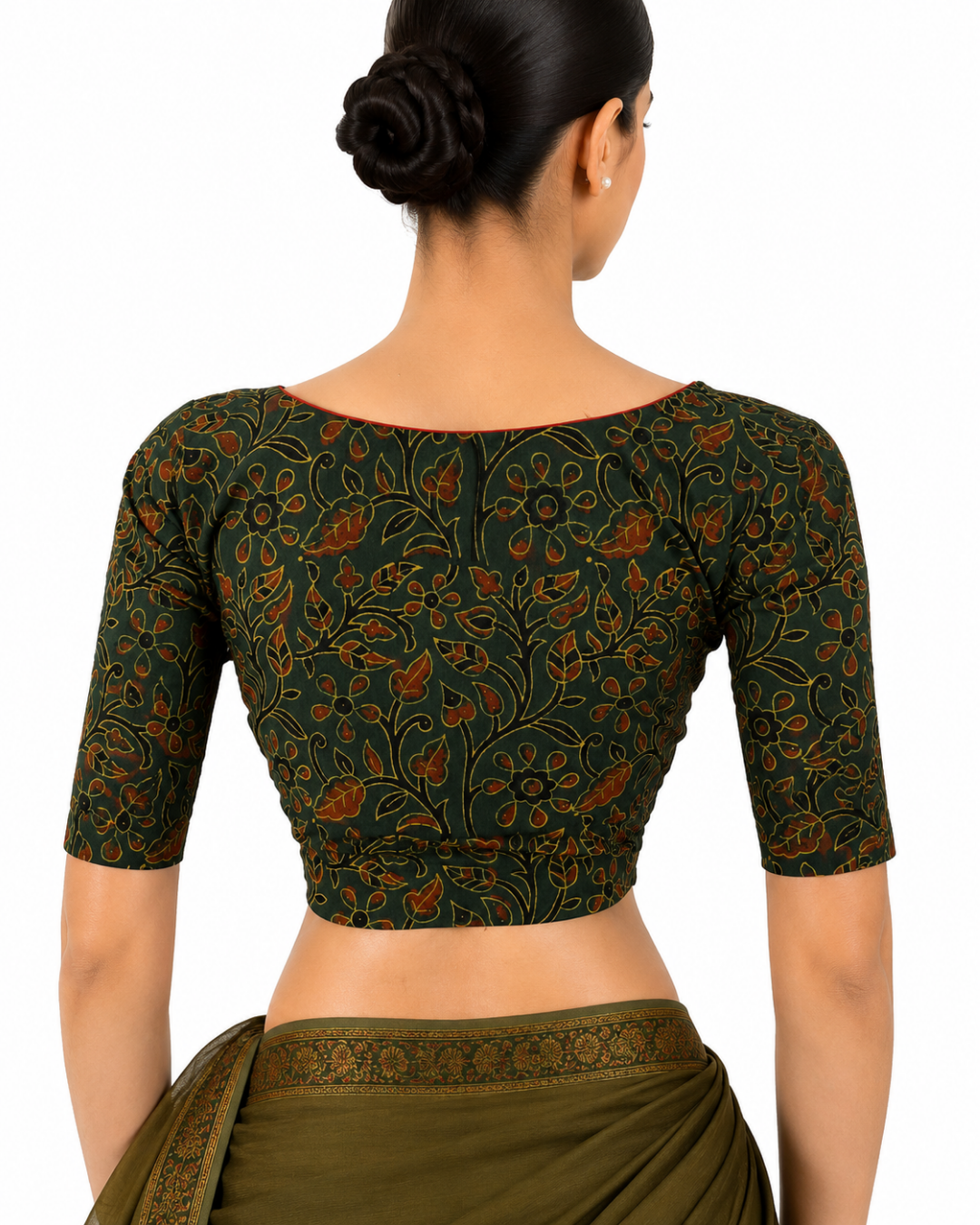 Ajrakh Cotton Round neck Blouse, with Short Sleeves Bottle Green, BA1155