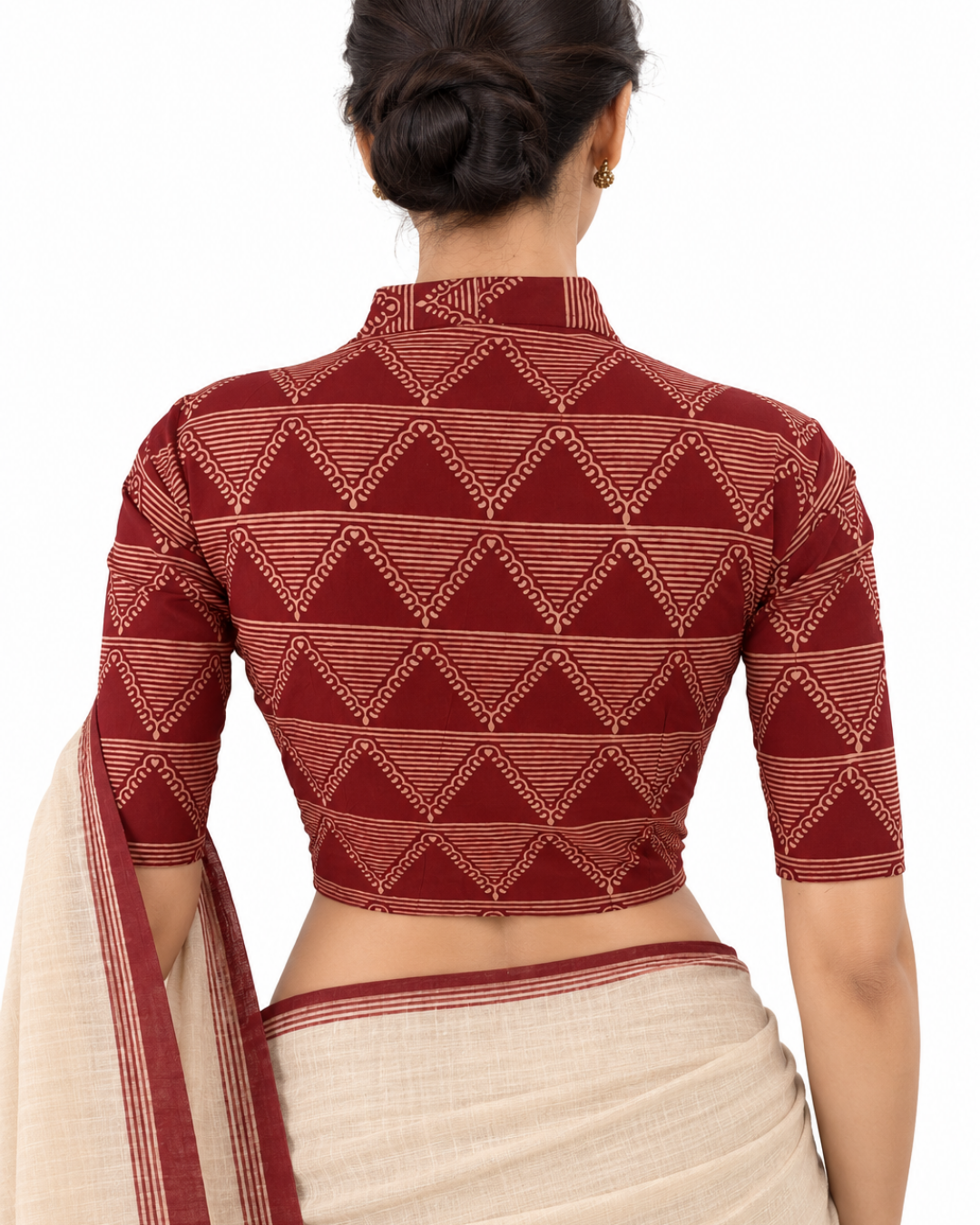 Ajrakh Cotton High Neck Blouse , Maroon , BA1192