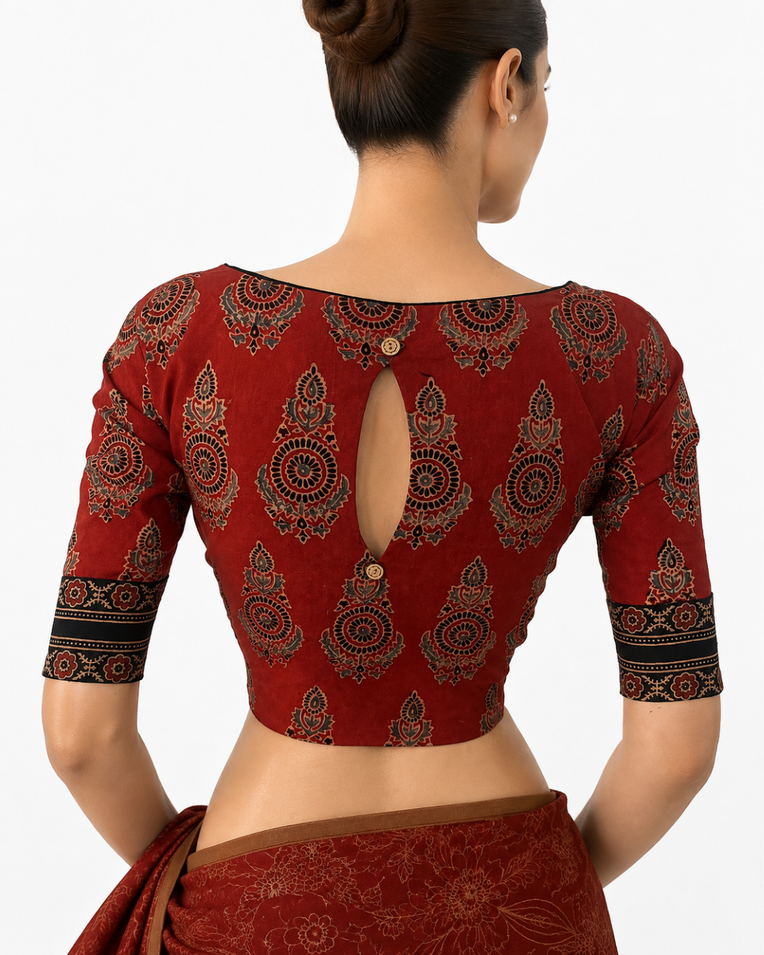 Ajrakh Cotton Boat Neck Blouse With Keyhole Back, Maroon , BA1181
