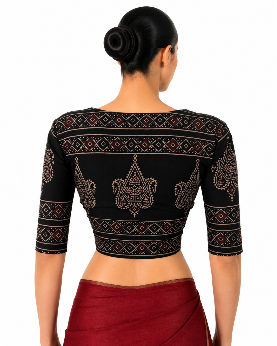 Ajrakh Cotton Sweetheart Neck Blouse ,Black , BA1189