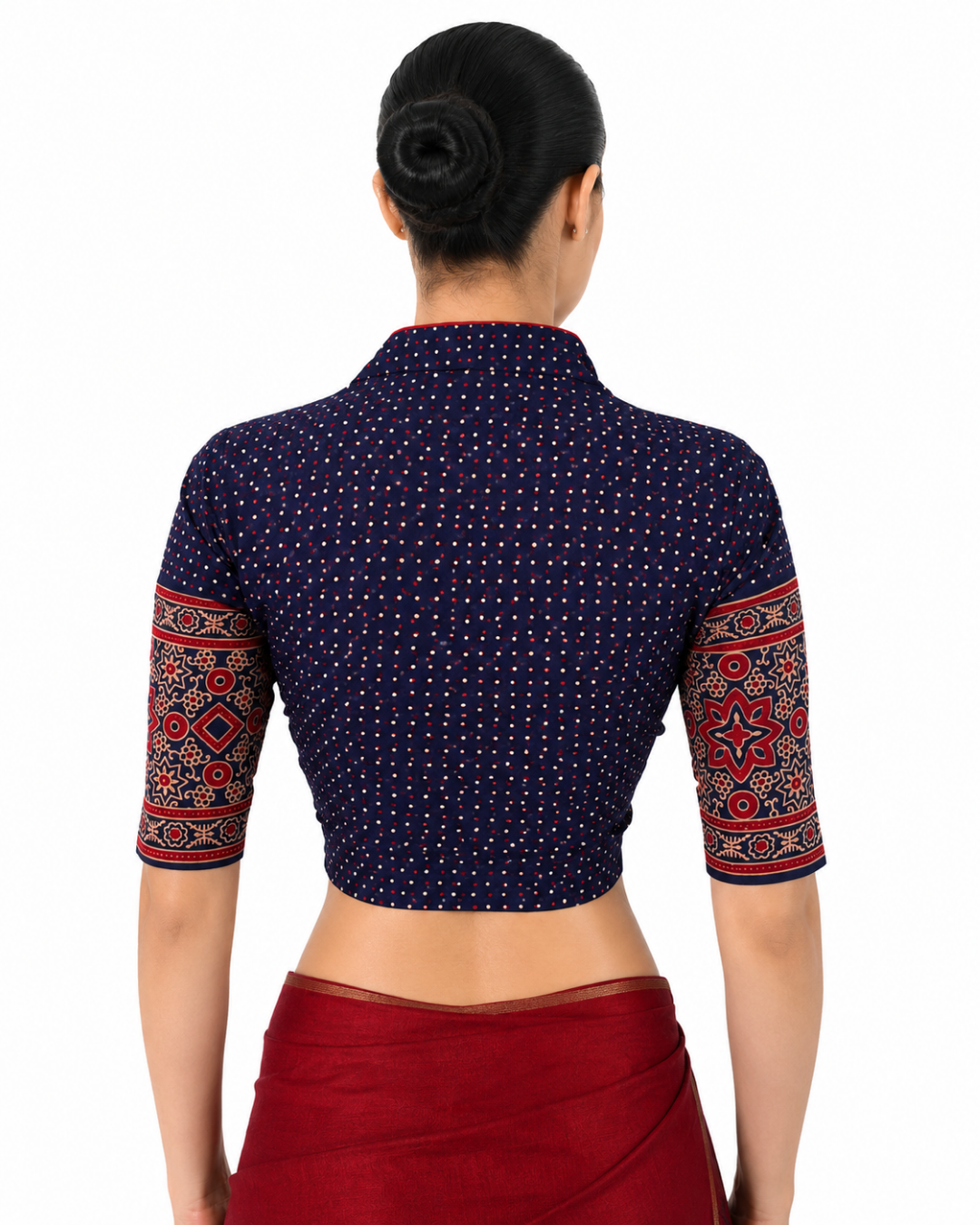 Ajrakh Cotton High Neck Blouse , Navy Blue ,BA1175