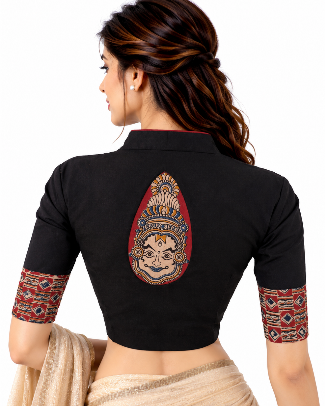 Flex Cotton High neck Blouse with Kalamkari Patches, Black, BH1337