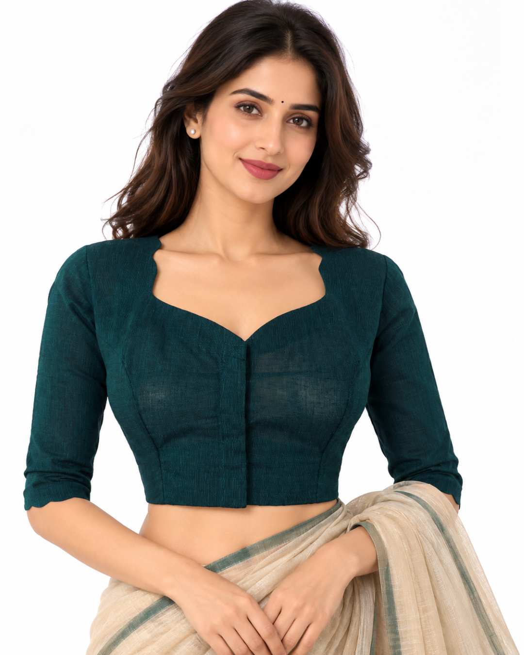 Handloom South Cotton Scallop neck Blouse with 3/4 sleeves , Teal Green, BH1297