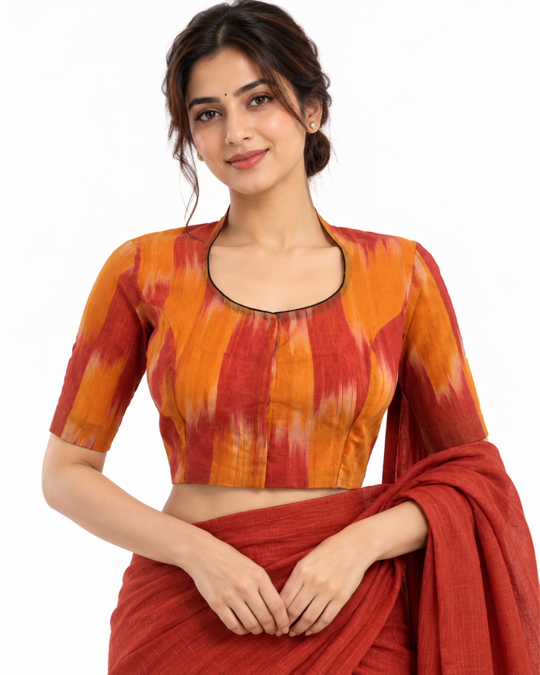 Handloom Tie - dye Cotton Highneck Blouse, Yellow - Rust, BH1085