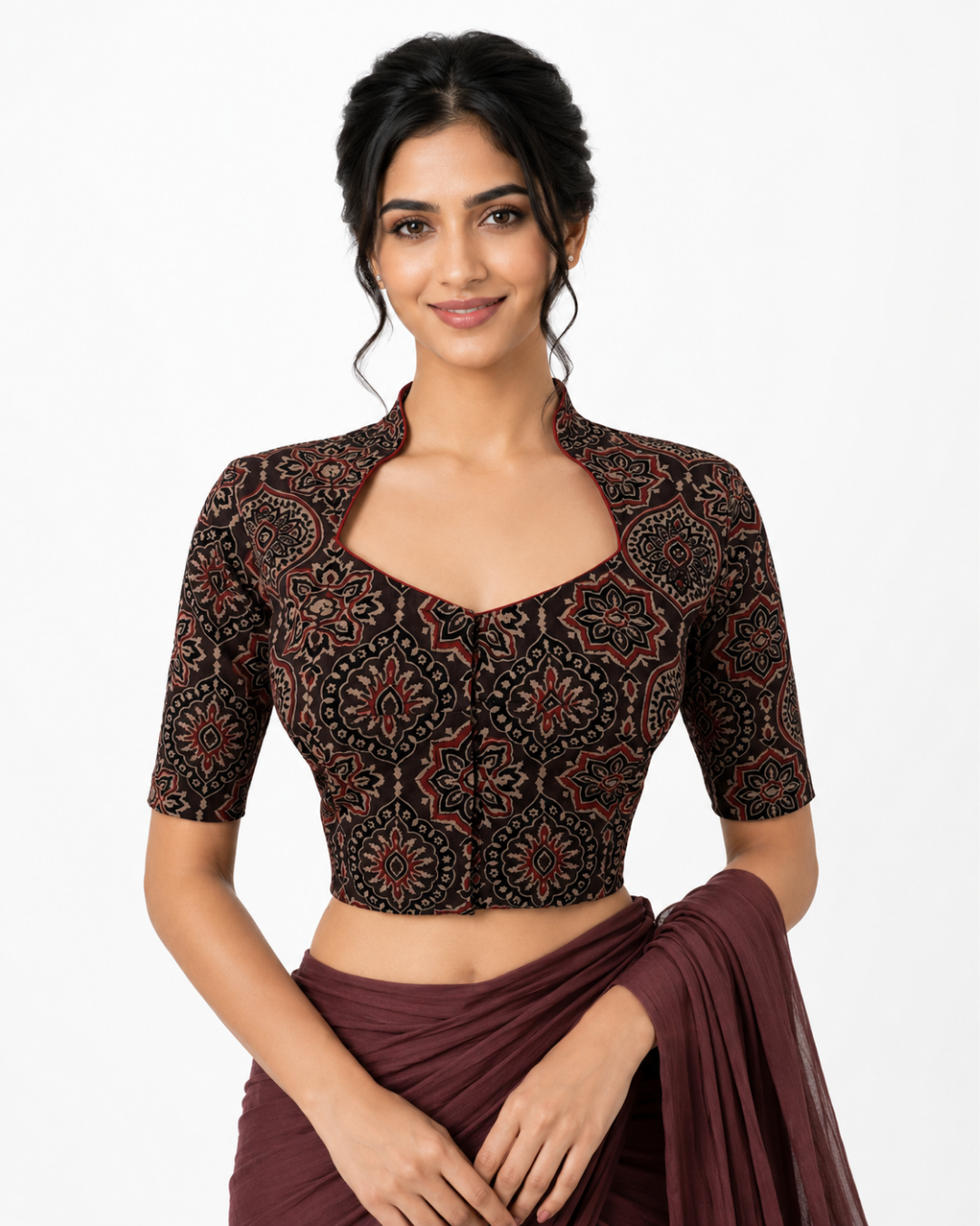 Ajrakh Cotton Highneck Blouse ,Brown , BA1187