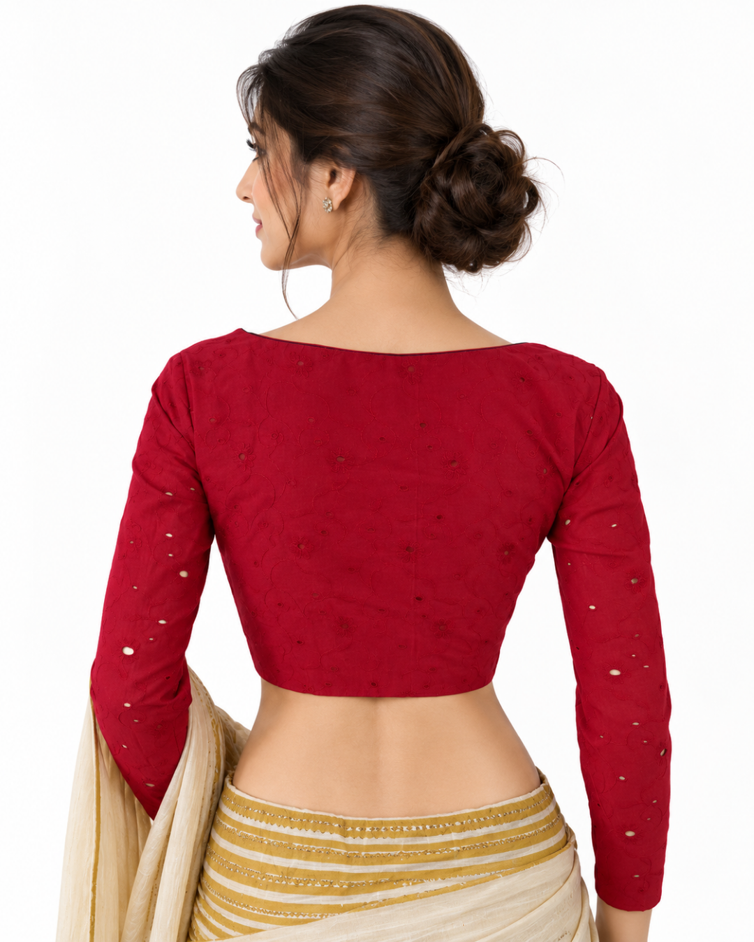Hakoba Cutwork Cotton V neck Blouse with Lining, Maroon, BW1124