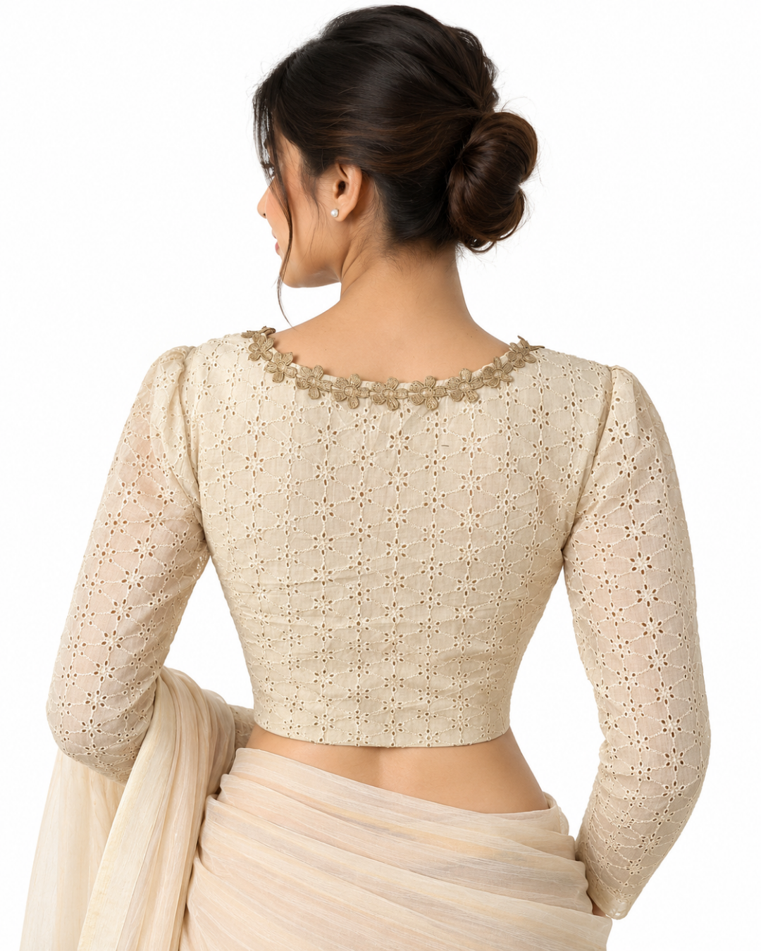 Hakoba Cotton Square Neck Blouse with Lace Details, Puff Full Sleeves & Lining , Off White, BW1185