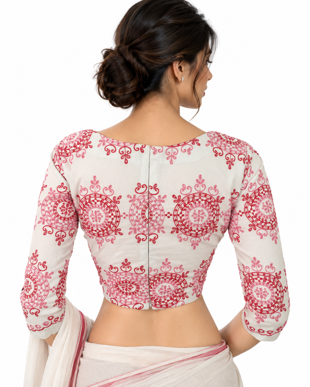 Embroidered Cotton Blouse with Back Zip Opening and Lining, White , BW1173