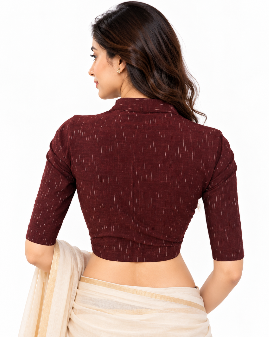 Ikat Cotton High Neck Blouse , Brown , BI1182