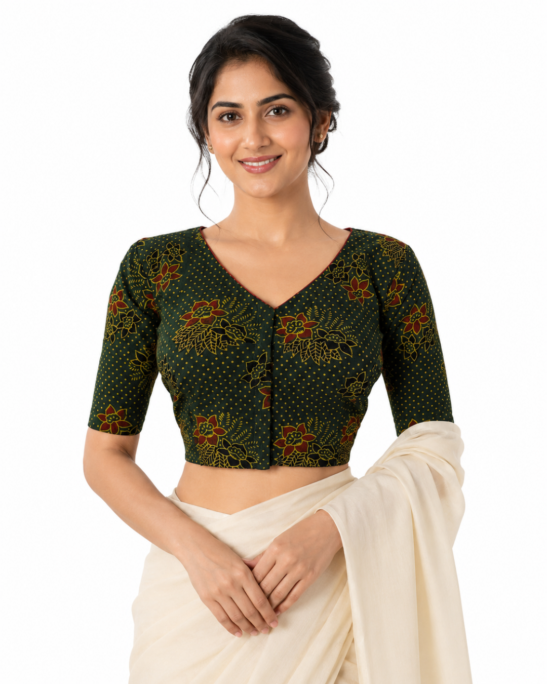 Ajrakh Cotton V neck Blouse, Bottle Green, BA1140