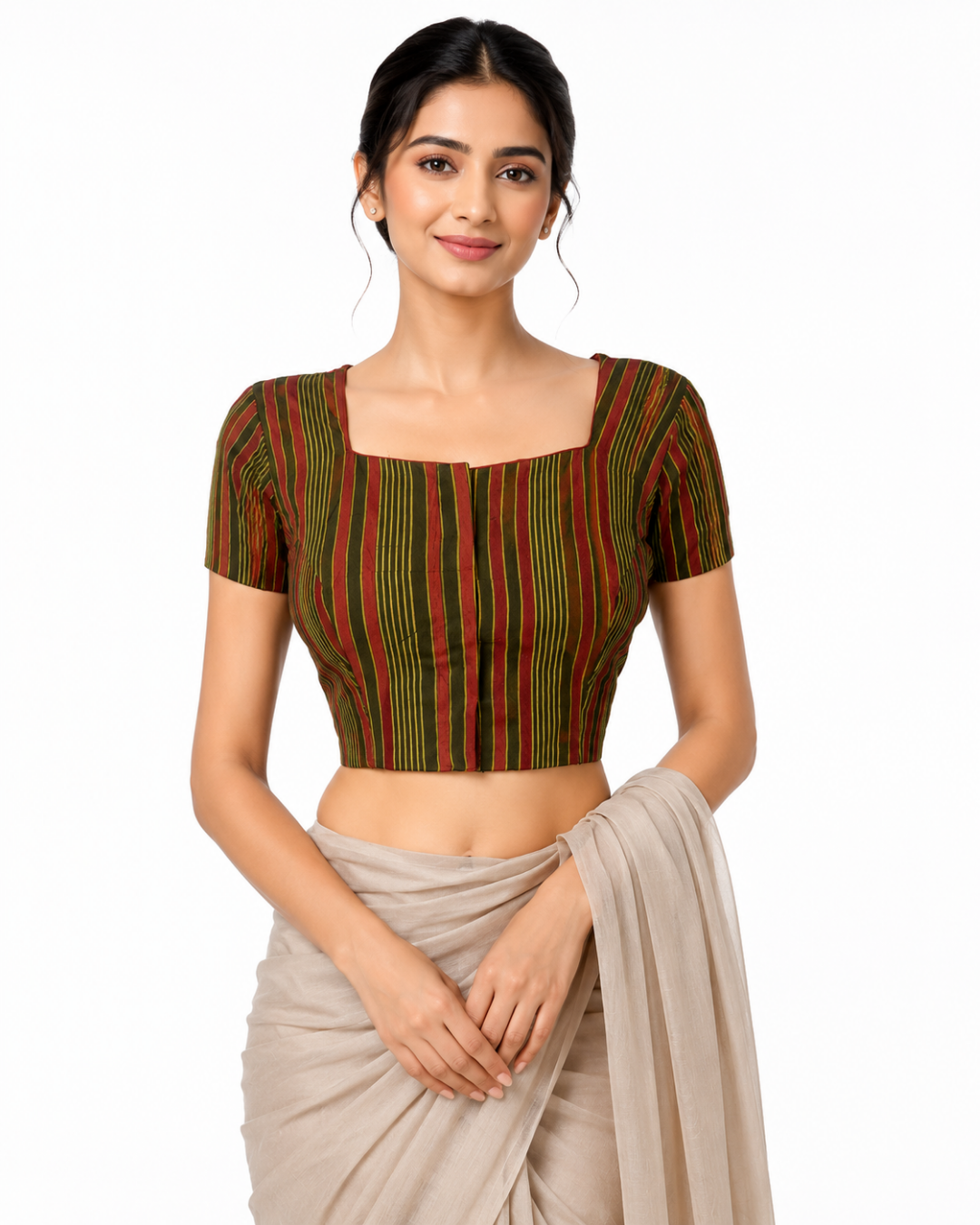 Dhabu Cotton Square neck Blouse with Short Sleeves, Multicolor, BP1197