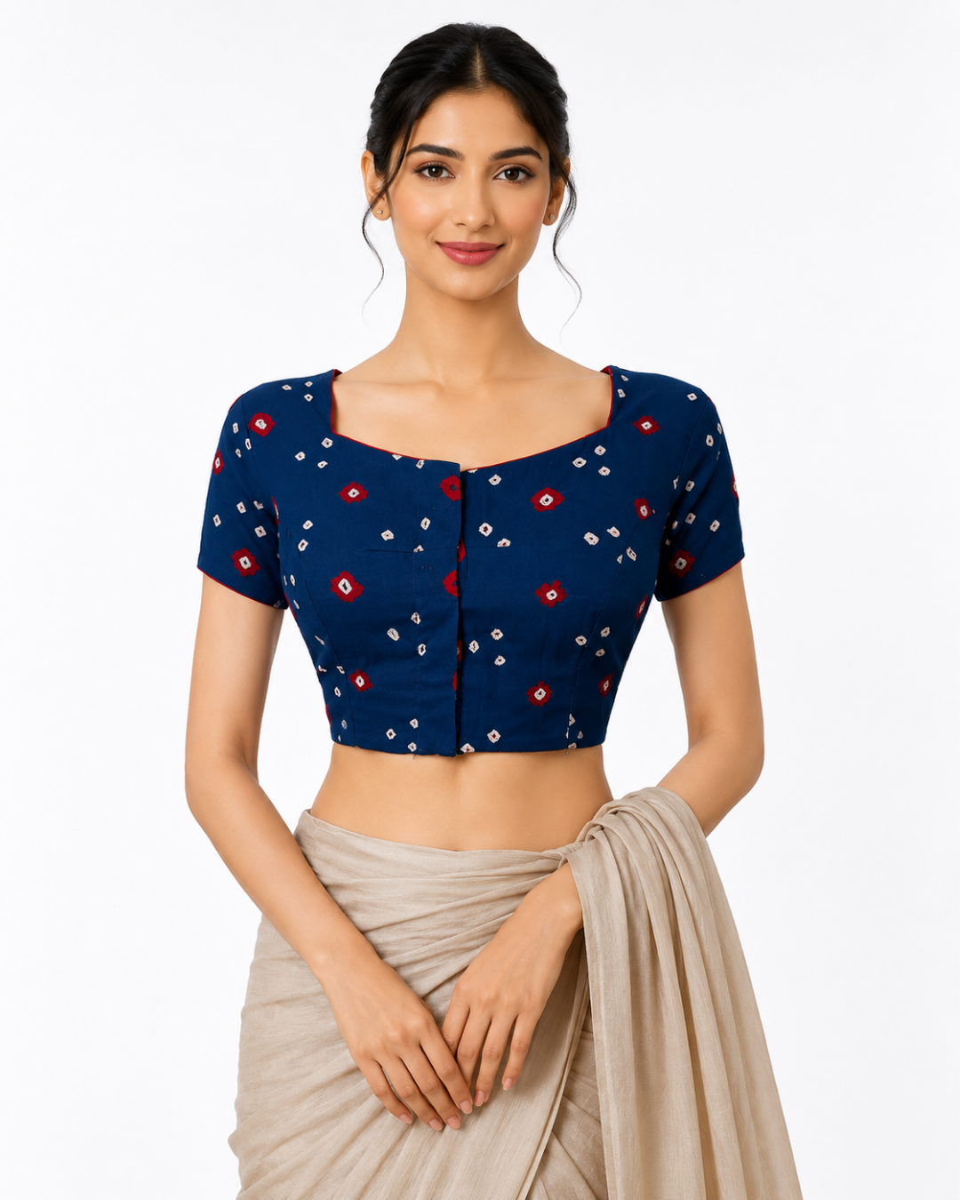 Bandhani Tie - Dye Cotton Potneck Blouse with Tulip Cut & Lining, Blue, BP1121