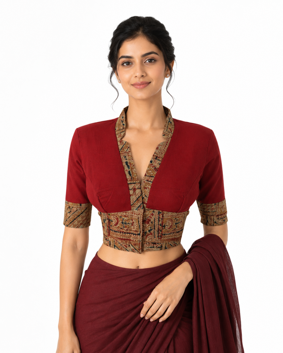 Handloom Flex Cotton V-collar neck Blouse with Kalamkari patches, Red - Maroon , BH1299