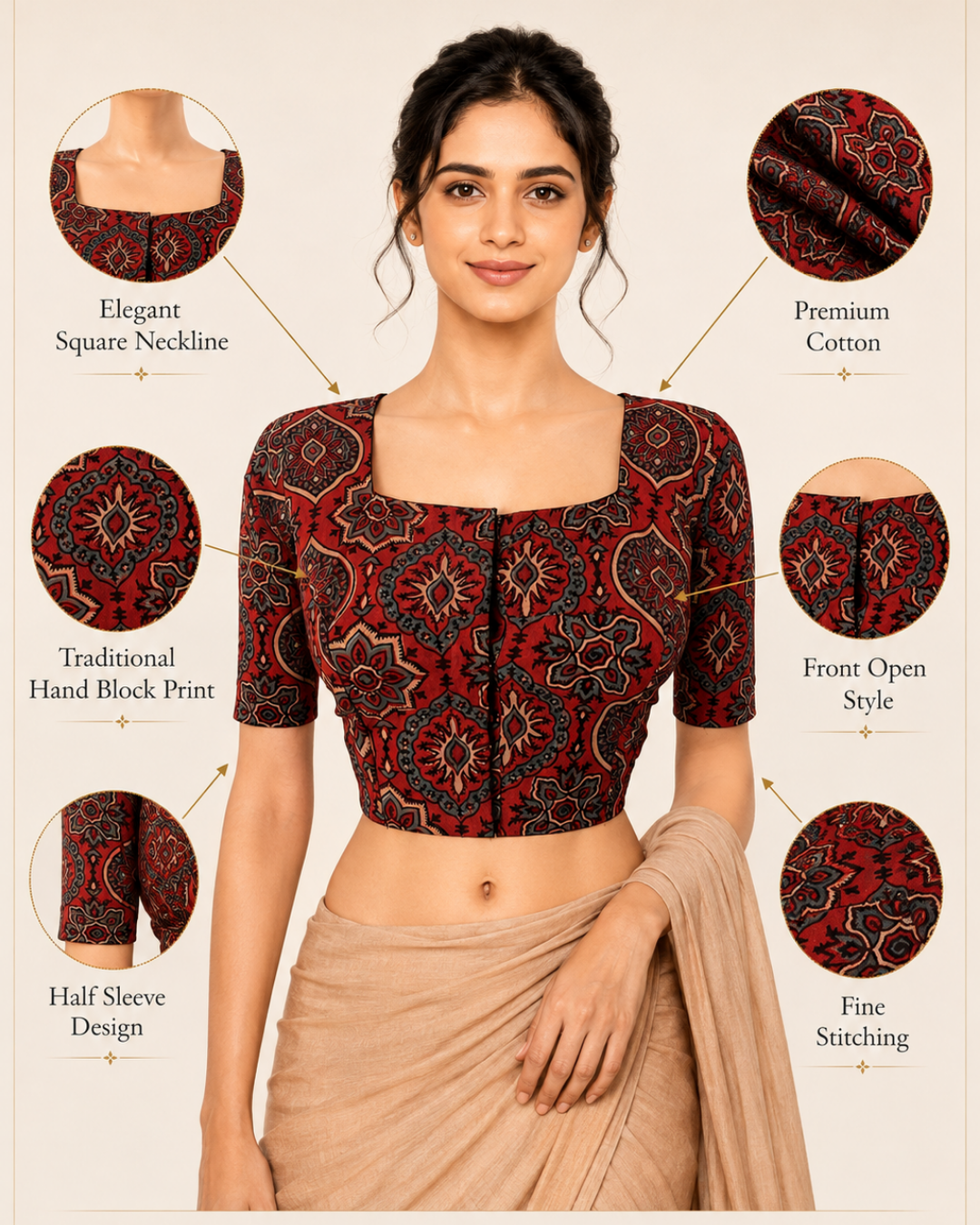 Ajrakh Cotton Square neck Blouse, Rust , BA1168