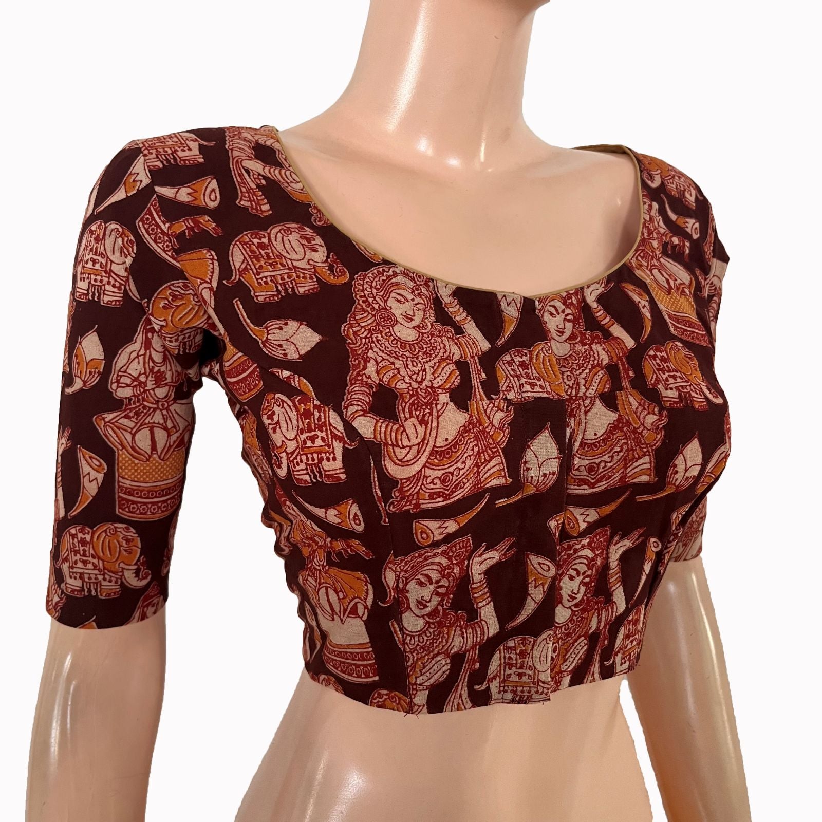 Kalamkari Cotton Round Neck Blouse ,Black, BK1323.