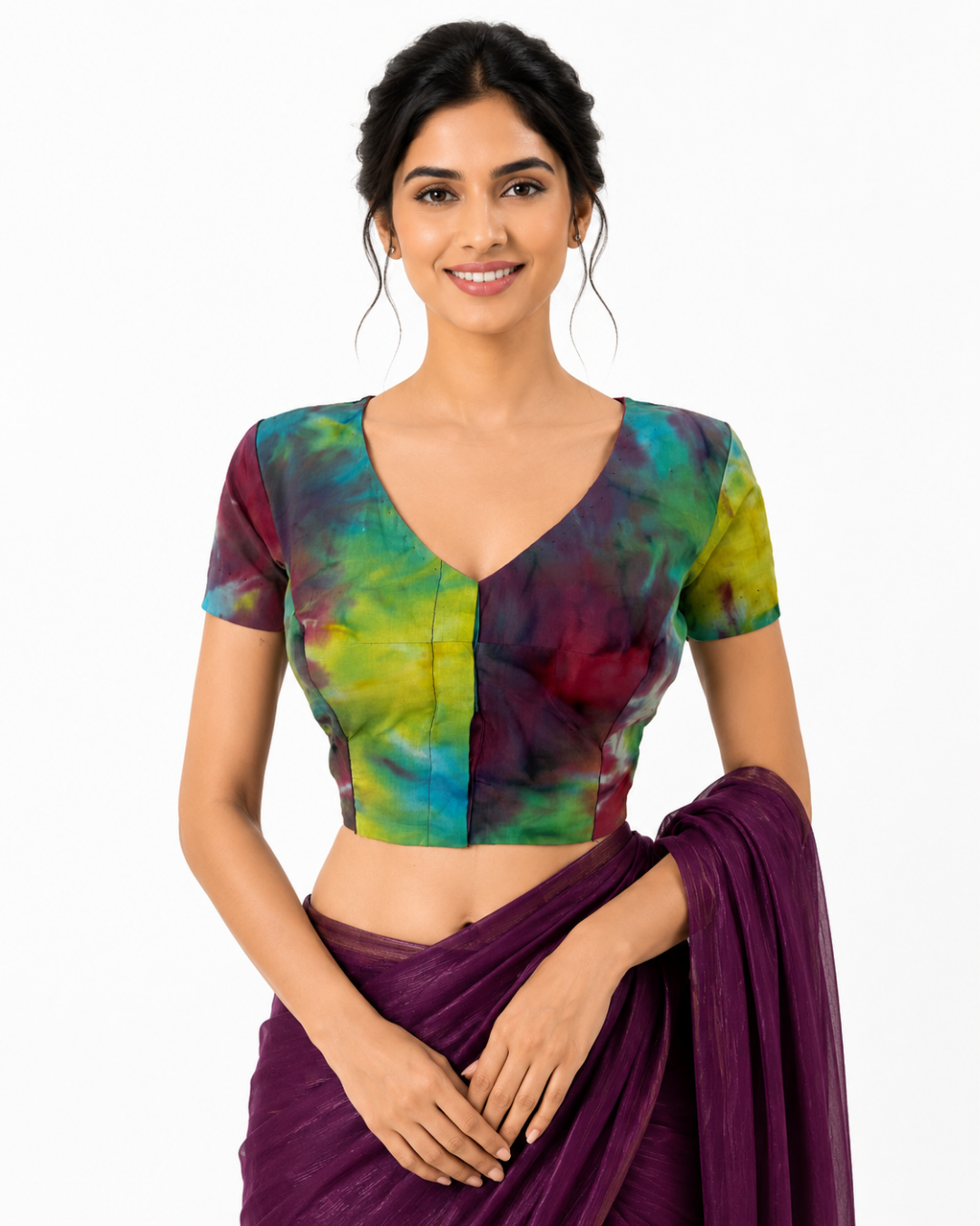 Shibori Cotton V Neck Blouse with Short Sleeves, Multicolor, BP1125