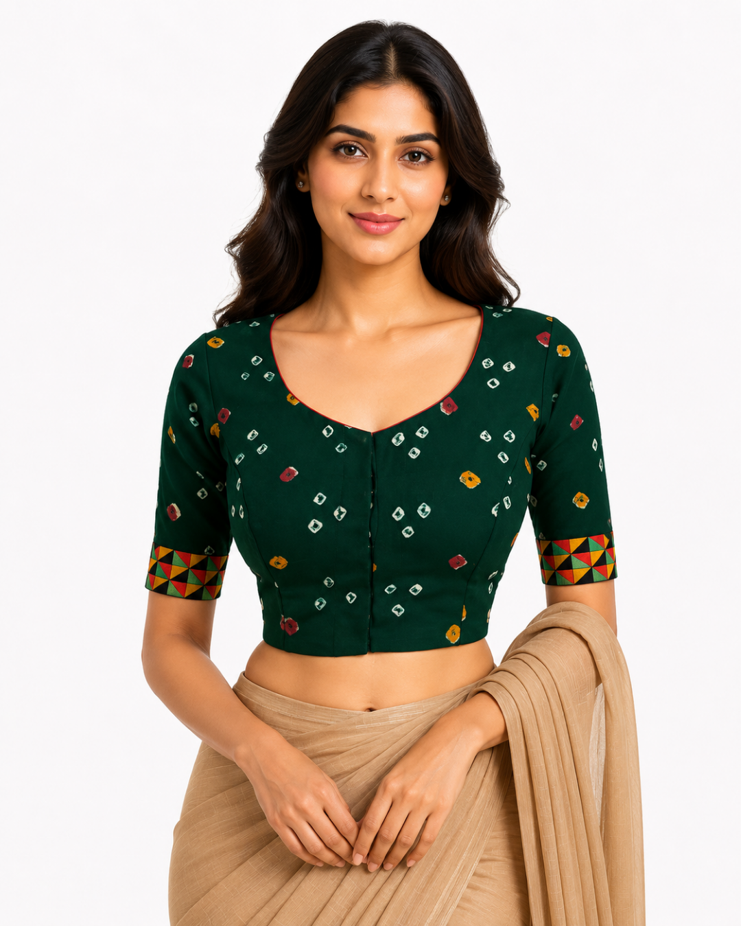 Bandhani Tie-Dye Round neck Blouse with Phoolkari lace, Bottle Green , BP1118