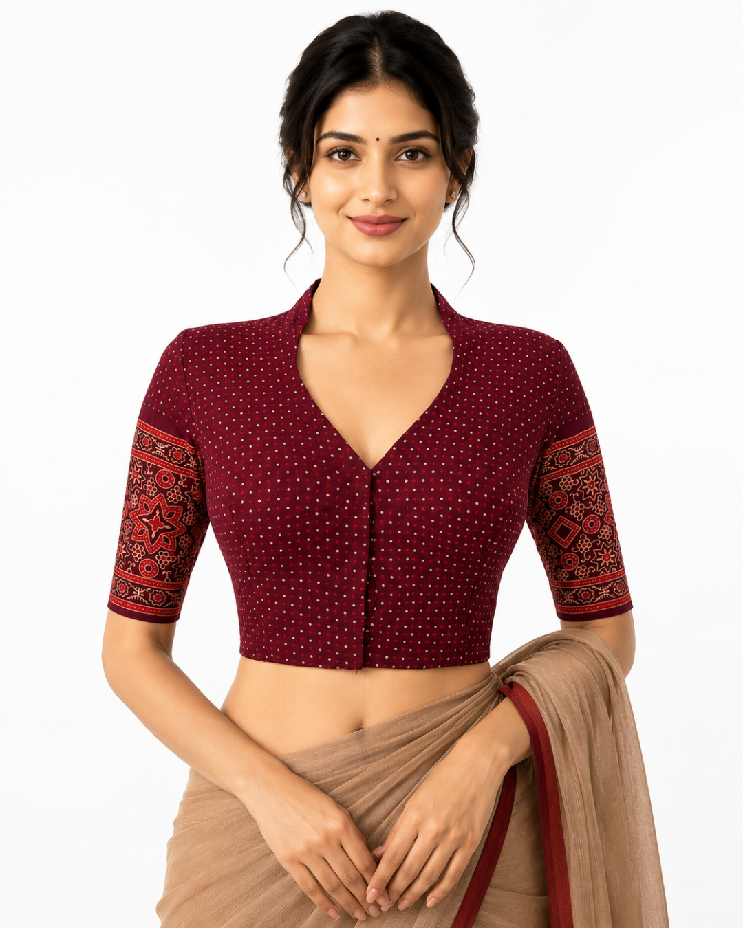 Ajrakh Cotton High Neck Blouse , Purple - Maroon ,BA1174