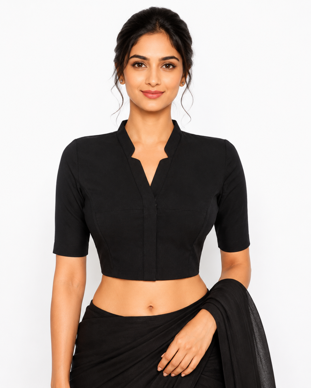 Flex Cotton V Collar Blouse ,Black , BH1321