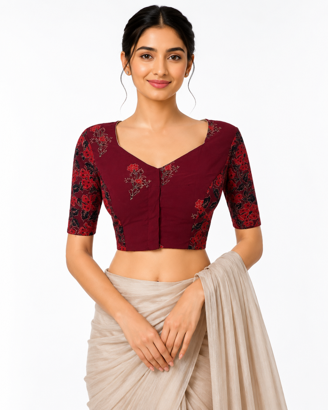 Soft Cotton Hand Block Printed Blouse with Sweetheart Neck , Maroon, BP1215